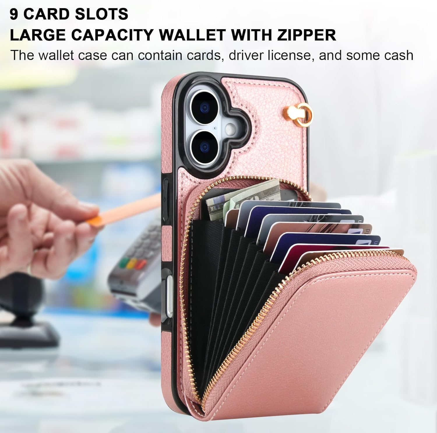 KIHUWEY Crossbody Wallet Case for iPhone 17, Zipper Pocket Case with Card Holder, PU Leather RFID Blocking Protective Cover Case with Kickstand Detachable Wrist Strap Lanyard 6.3" (Rose Gold)