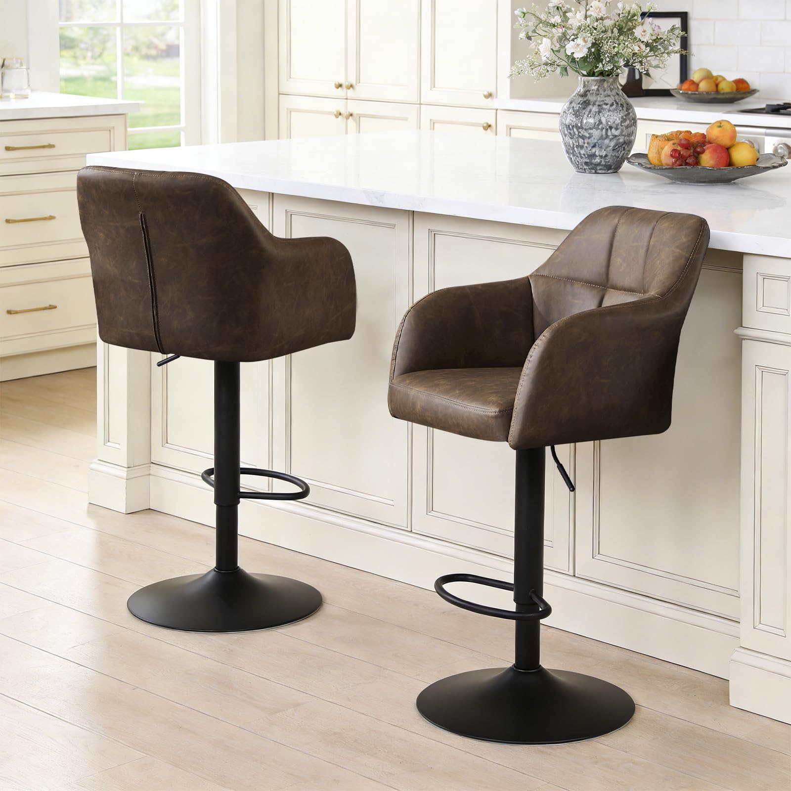 Relbiety Leather Bar Stools Set of 2 Adjustable Swivel,Brown