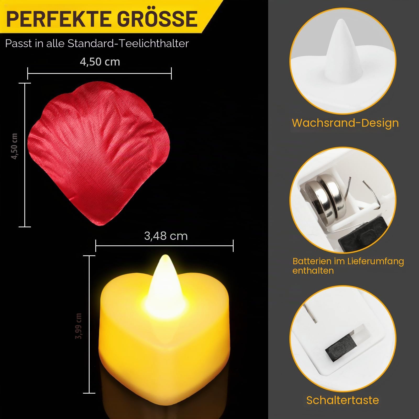6000 Stück künstliche Rosenblätter mit 72 Stück romantischen flammenlosen Kerzen, LED-Teelichter in Herzform, batteriebetrieben für Valentinstag, romantische Nacht, Hochzeitstag, Tischparty-Dekoration