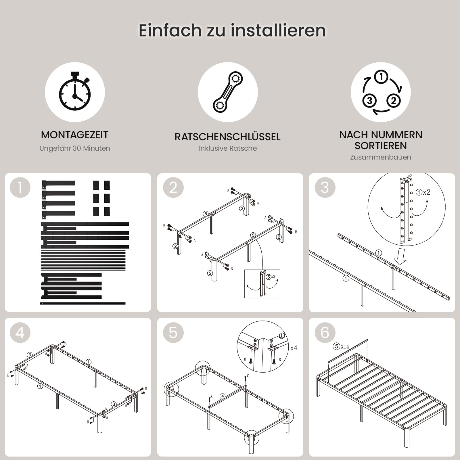 KUTAS Einzelbettgestell, 90 x 200 cm, Höhe 36 cm mit Stauraum unter dem Bett, 14 Reihen Metalllamellen Bett, Kein Boxspringbett Erforderlich, Einfach zu Montieren, Geräuschlos, Modern, Schwarz