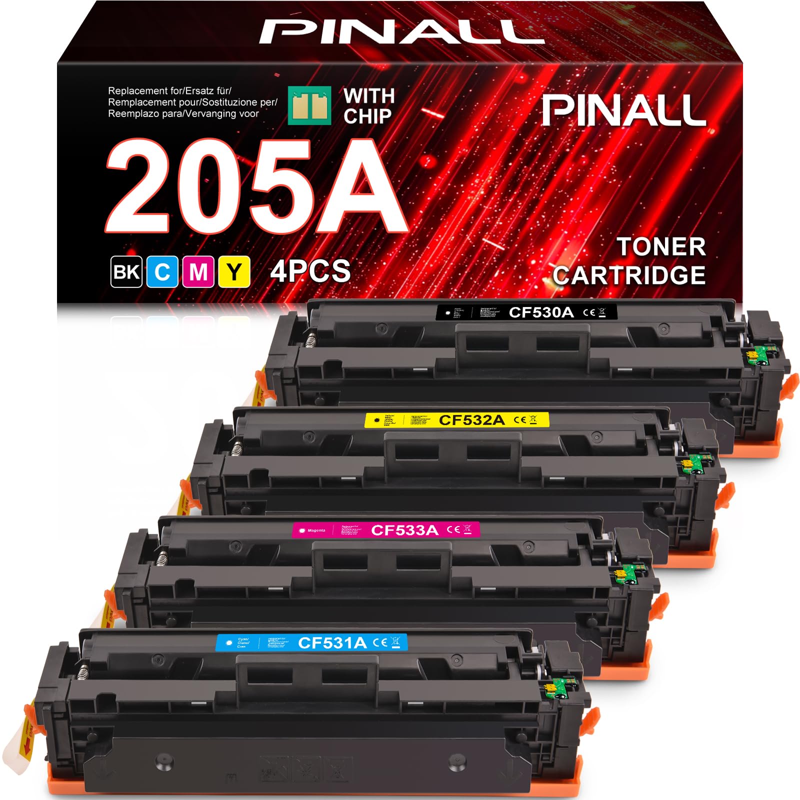 PINALL 205A Toner Compatibile per HP 205A CF530A CF531A CF532A CF533A per HP Color Laserjet Pro MFP M181fw M180n M180nw M154a M154nw (Nero Ciano Giallo Magenta, Pacchetto da 4)