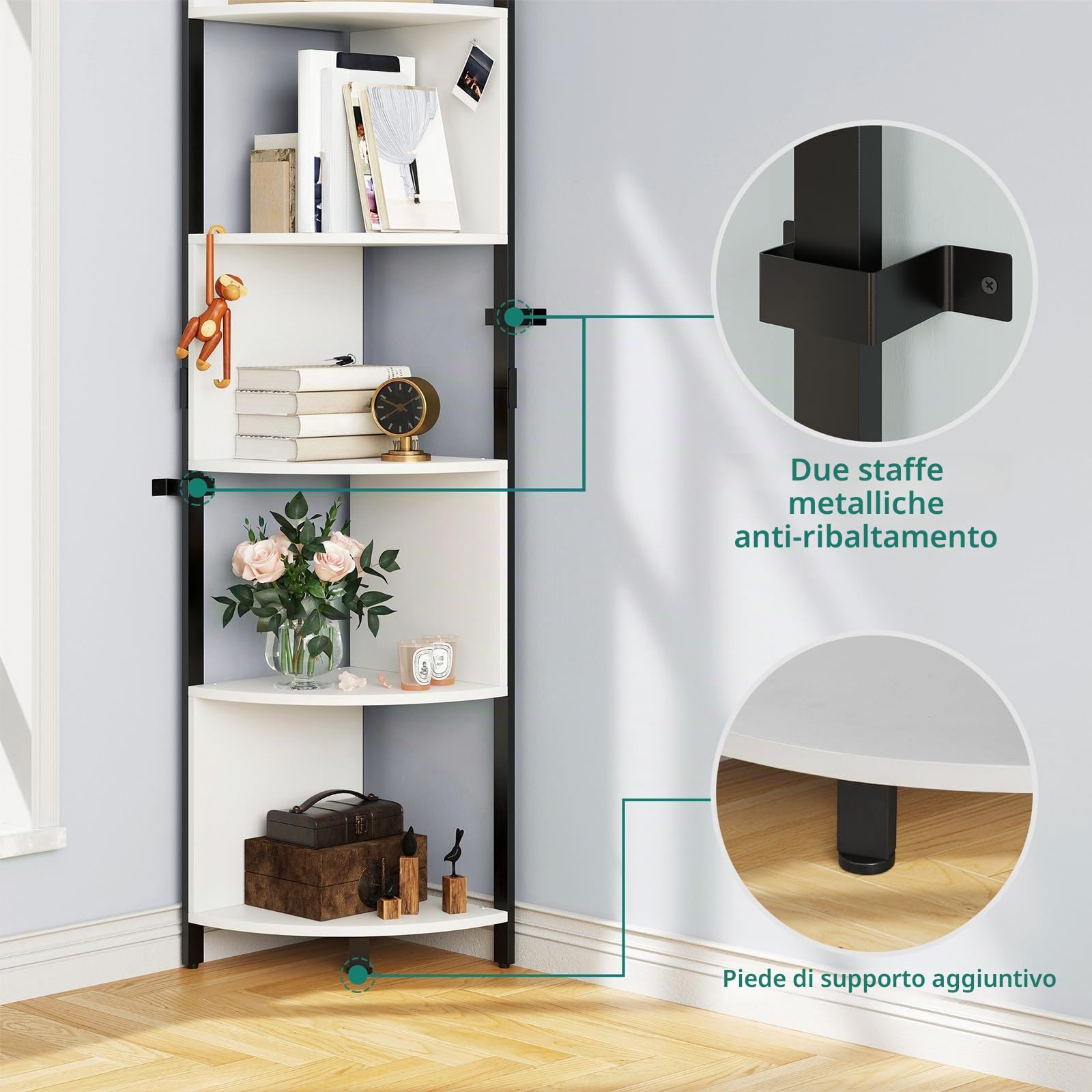YITAHOME Scaffale angolare a 6 ripiani, alto 174,8 cm, moderno a zigzag, libreria ad angolo con 6 ripiani, per soggiorno, casa, ufficio, piccolo spazio, bianco