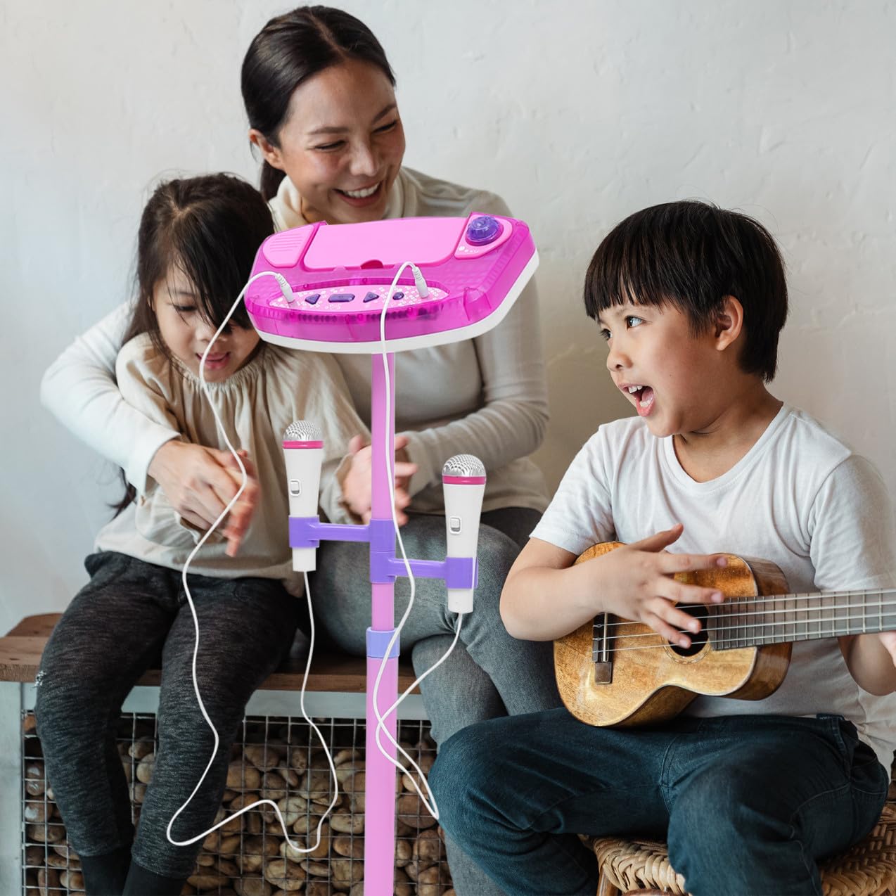 Microfono Giocattolo per Rosa Doppio Microfono Creativo Musicale Supporto Regolabile e Modalità Mp3 Gioco Educativo per Sviluppo Cognitivo e Interazione Genitore-Figlio