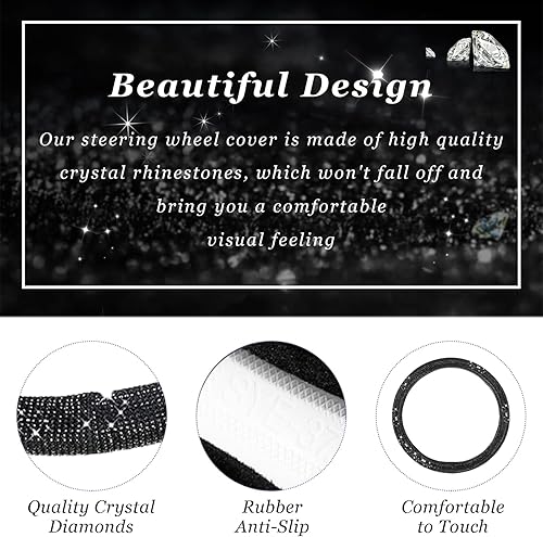 Miniatura 3 de Dickno Funda brillante para volante, protector de volante de automóvil con diamantes de cristal de 15 pulgadas para mujeres y niñas, accesorios de