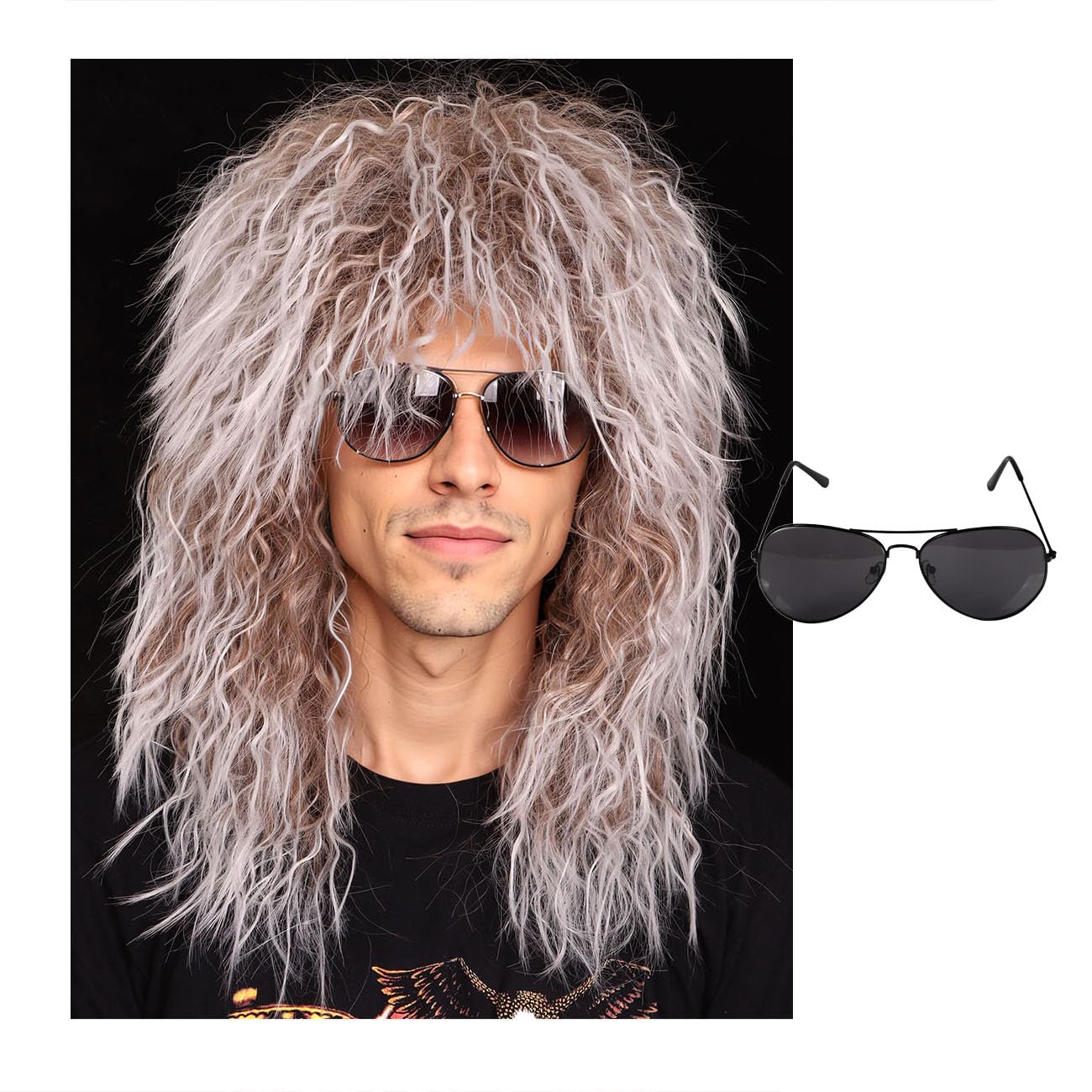 FantaLook 80S Costume Wig with SunGlass for Men Curly Brown with White Cosplay Wig for Halloween