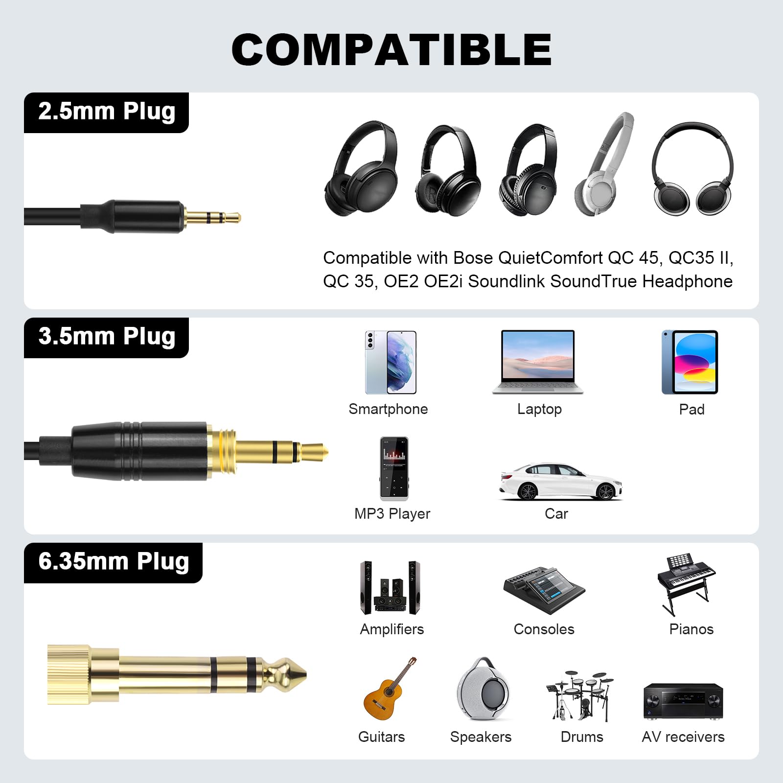 Kabel QC45, zamiennik zwijanego kabla audio kompatybilny z Bose QuietComfort QC 45, QC35 II, QC 35, QC 25, OE2 OE2i Soundlink SoundTrue słuchawki z adapterem 6,35 mm, 2,5 mm do 3,5 mm