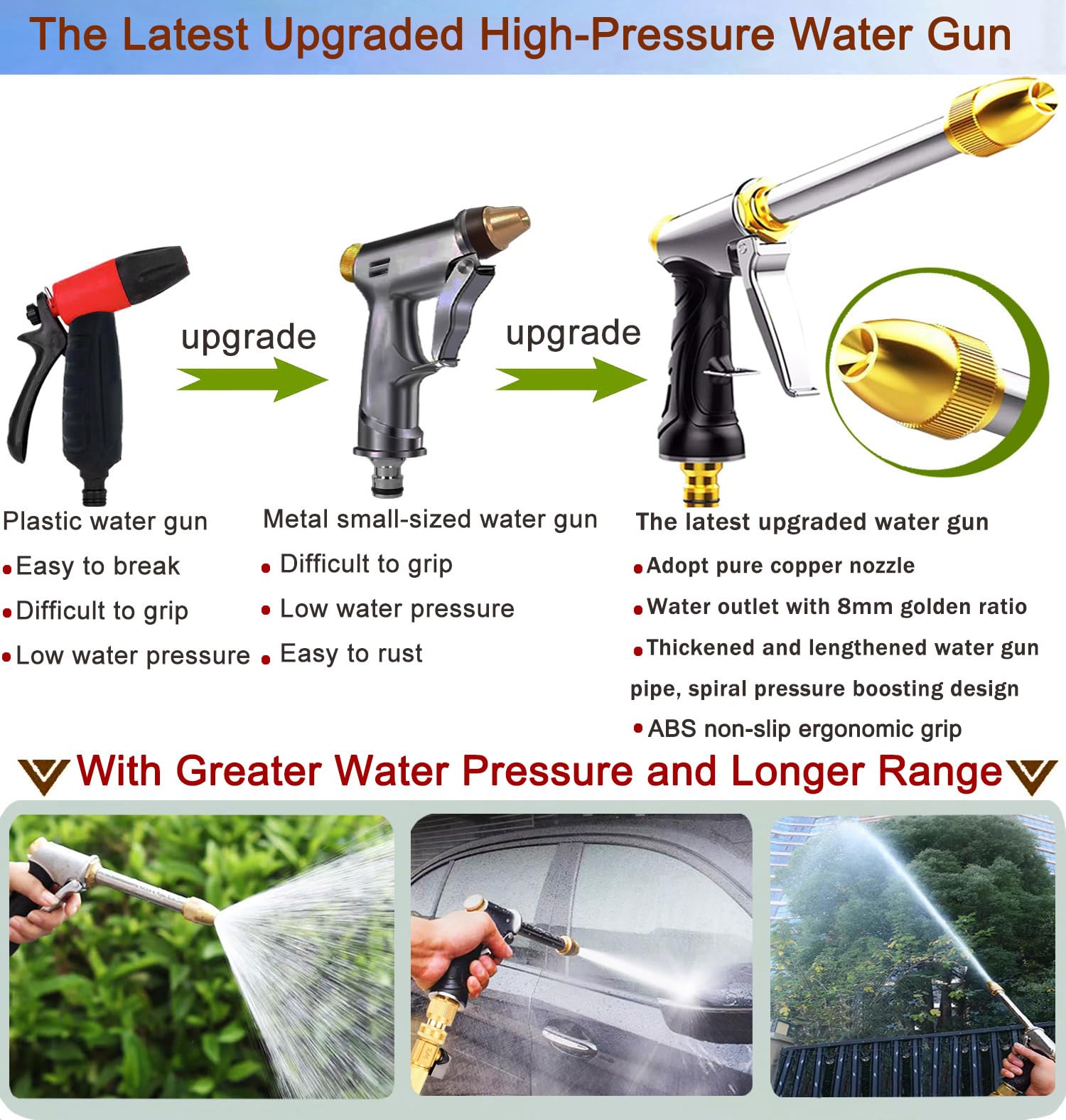 Boquilla de manguera de jardín mejorada, pistola de pulverización de metal 100% resistente con boquilla de latón completa, cabezal rociador de manguera de agua de alta presión, conectores rápidos de