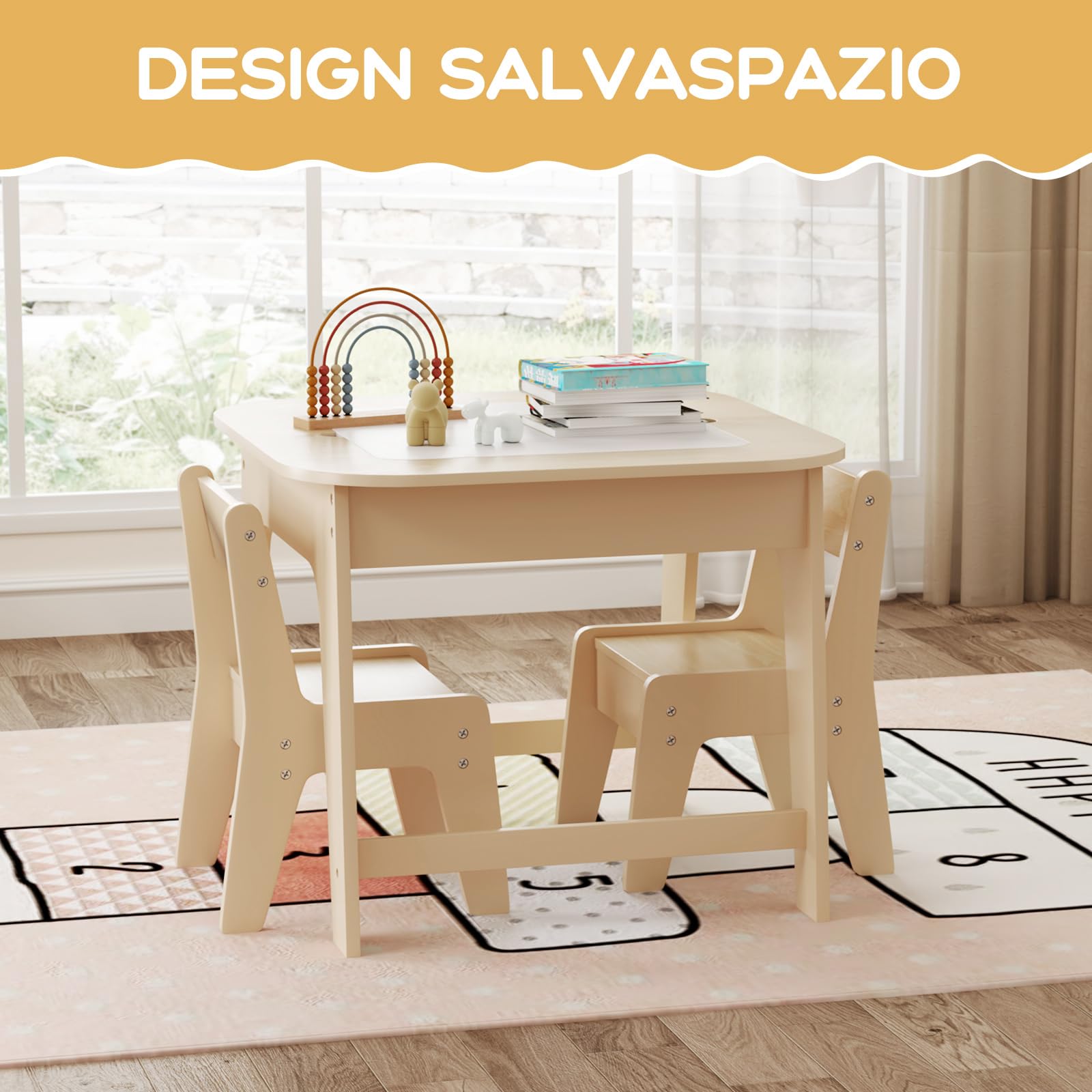 COSTWAY Set Tavolo e 2 Sedie per Bambini, con Lavagna Reversibile, Tavolo Multiattività con Vano Portaoggetti Nascosto e Sedie, per Bambini da 3-6 Anni, per Cameretta e Soggiorno (Giallo)