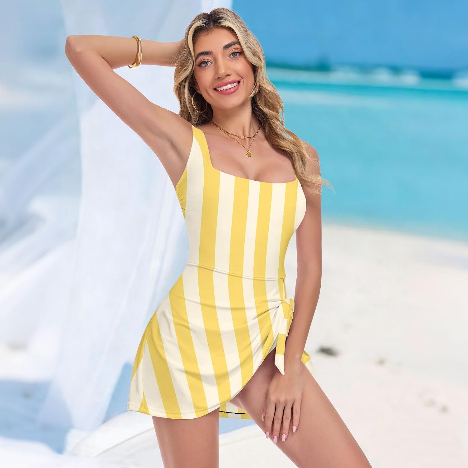 Yellow White Stripe Women's One Piece Swimsuits Tummy Control Bathing Suits S A2300887