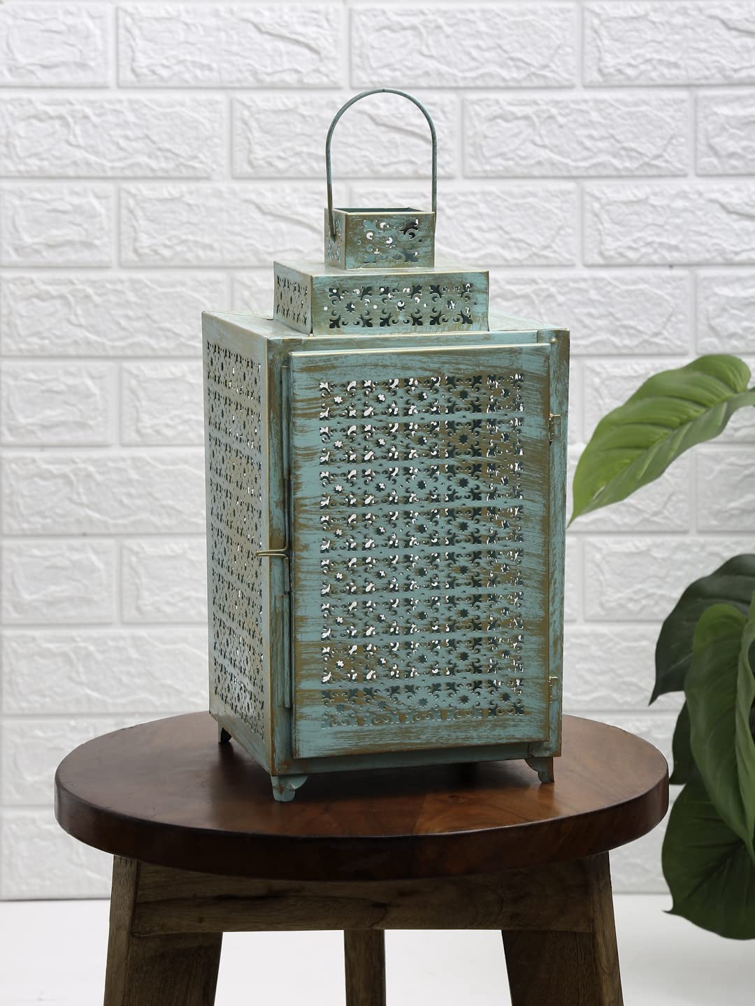 Buy EK by EKTA Kapoor Home Décor, Jaali Brass Ware Lantern, Teal, 14