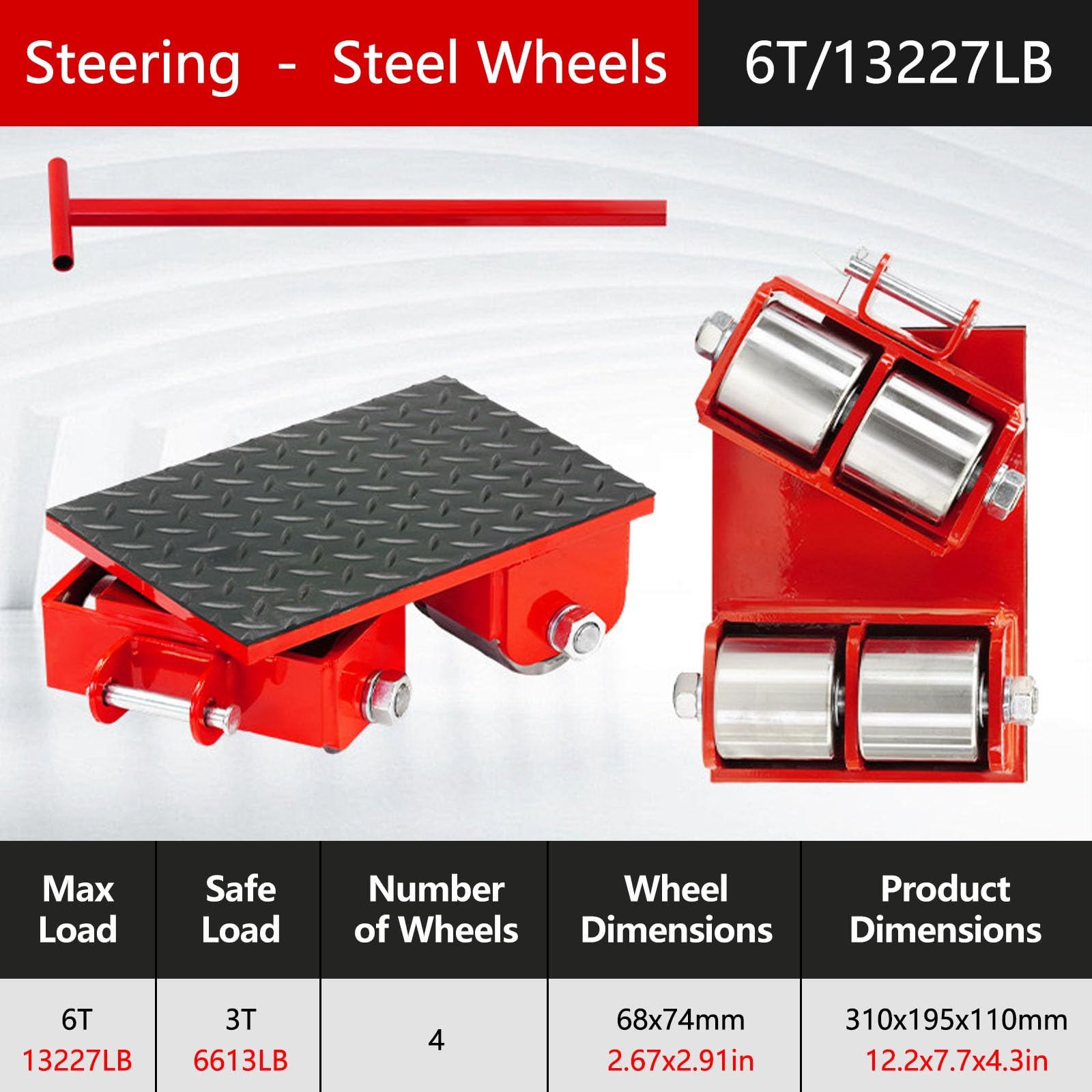 Carrello a Pattini per Macchinari per Impieghi Gravosi con 4 Ruote in PU, Pattini per lo Spostamento di Attrezzature Industriali da 6T(Steel Wheels)