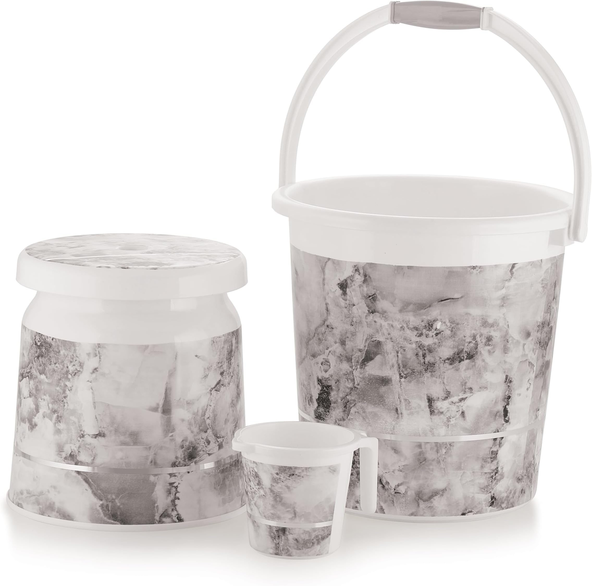 Nabhya 3 pcs Bathroom Accessories Set Plastic Bath Set Bathroom Bucket 20Ltr, Mug and Stool 3 Piece Combo Set for Home, Kitchen & Bathroom (White)