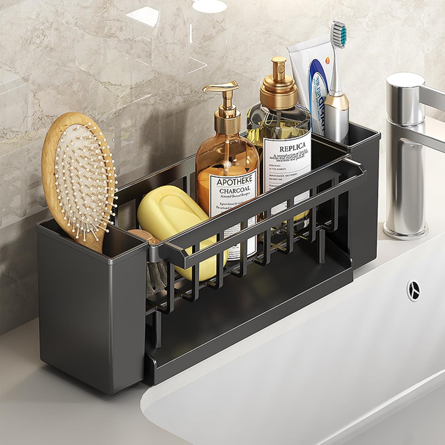 Utensil Holder, 3 Compartments Utensil Drying Rack, Dish Drainer for Kitchen Counter,Kitchen Utensils Holder with Towel Bar,Self-Draining Tray Design(Gray) - Image 2