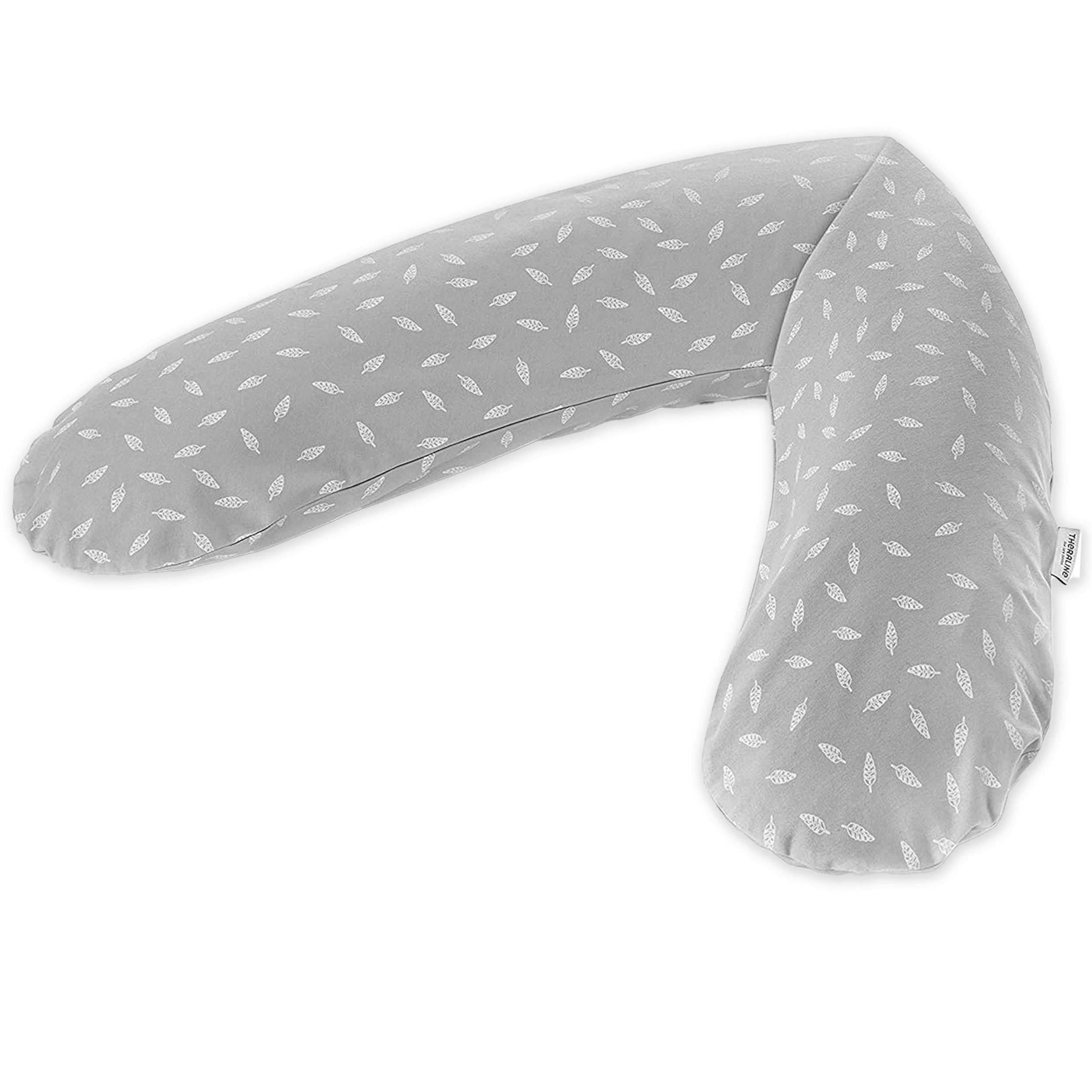 Theraline Original Almohada Embarazada XXL 190 cm - Cojin Lactancia Bebe 100% Algodón - Relleno de Microperlas Silenciosas - Cojín Dormir Embarazo Sin Sustancias Nocivas - Gris Hojas