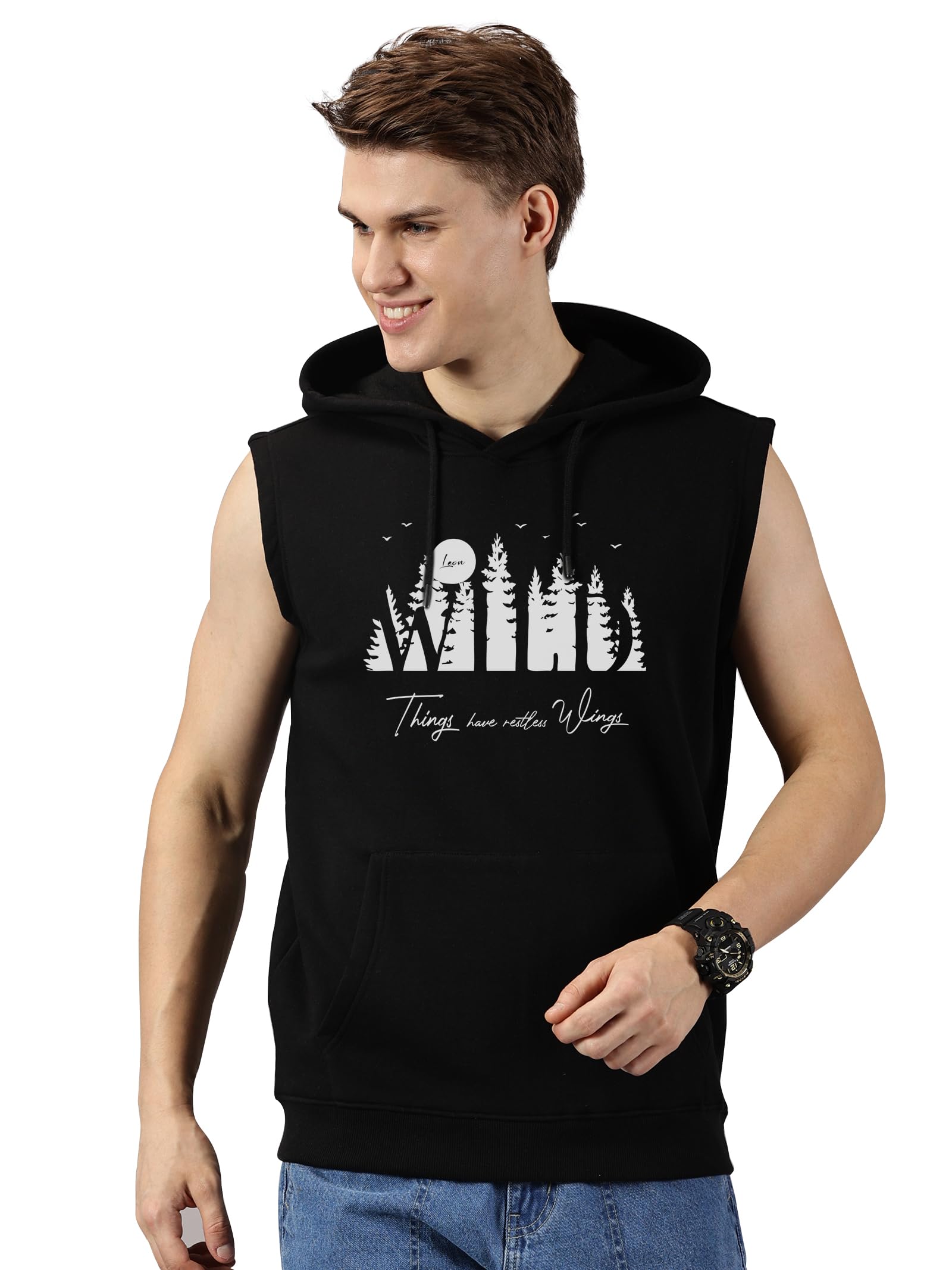 leon Men's Printed Sleeveless Hoodie | Poly Cotton Hooded Sweatshirt | Gym, Workout & Casual Wear | Regular Fit | Kangaroo Pocket-picture-19