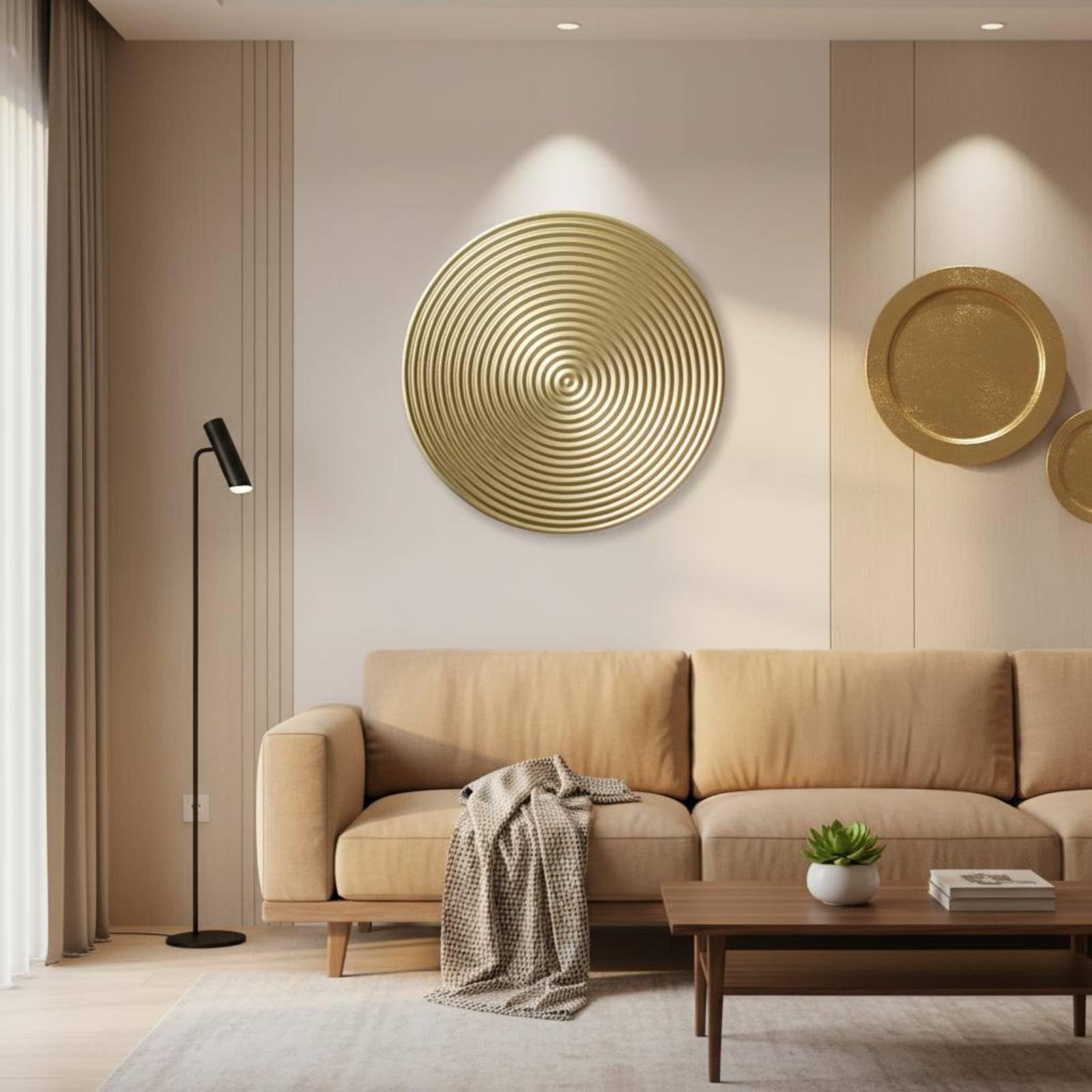 MotiveTech Wandteller Metall Wanddeko Wandplatte Wandrelief Wandkunst aus Eisen mit Kreisrippen Und Erhöhter Mitte in Schimmernder Oberfläche für Wohnzimmer Flur Eingang Büro, Gold