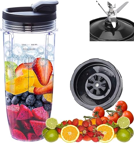 Cuchilla macho de repuesto de 7 aletas y vaso de licuadora de 32 onzas con tapa compatible con Nutri Ninja Blender hoja de 7 aletas macho de 4