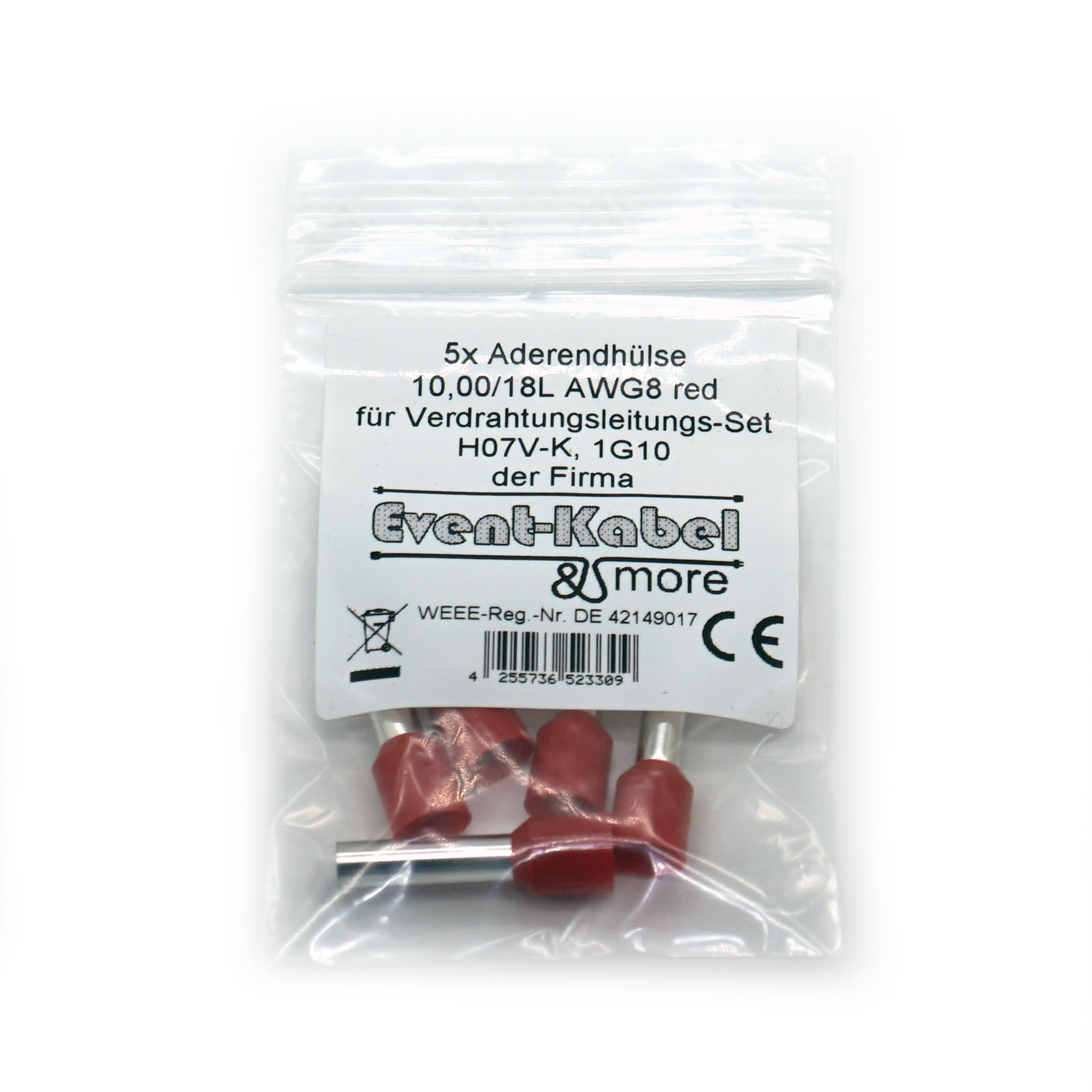Verdrahtungsleitung 10mm² - schwarz, grau, braun, blau, grün/gelb - H07V-K PVC-Einzelader - Aderleitung feindrähtig flexibel (2-100m) inkl. 5 Aderendhülsen (schwarz, 15 Meter)
