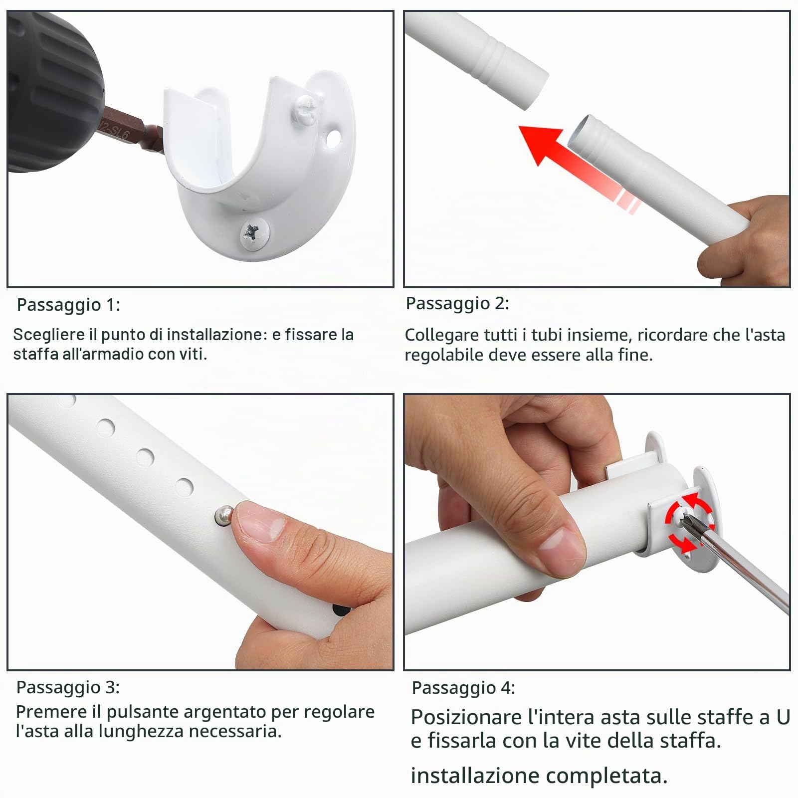 Appendiabiti allungabile, 40 – 212 cm, colore bianco, con 2 piedini a forma di U per armadi, lavanderie e camper