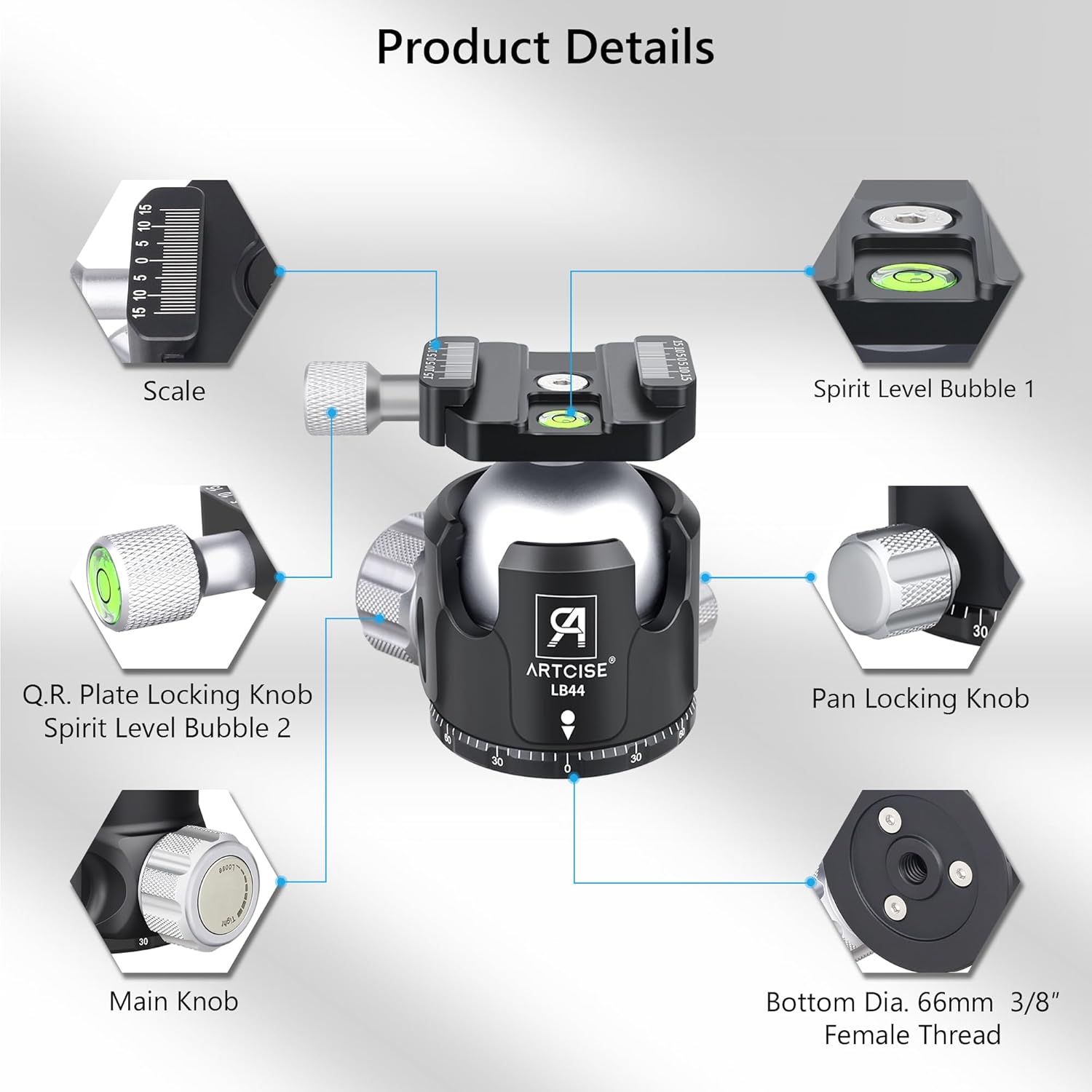 Low Profile Ball Head Tripod Head ARTCISE LB44 All Metal CNC Ball Head Camera Mount with Two Arca Quick Release Plates for Tripod, Monopod, DSLR, Max Load 55lbs/25kg LB44-44mm