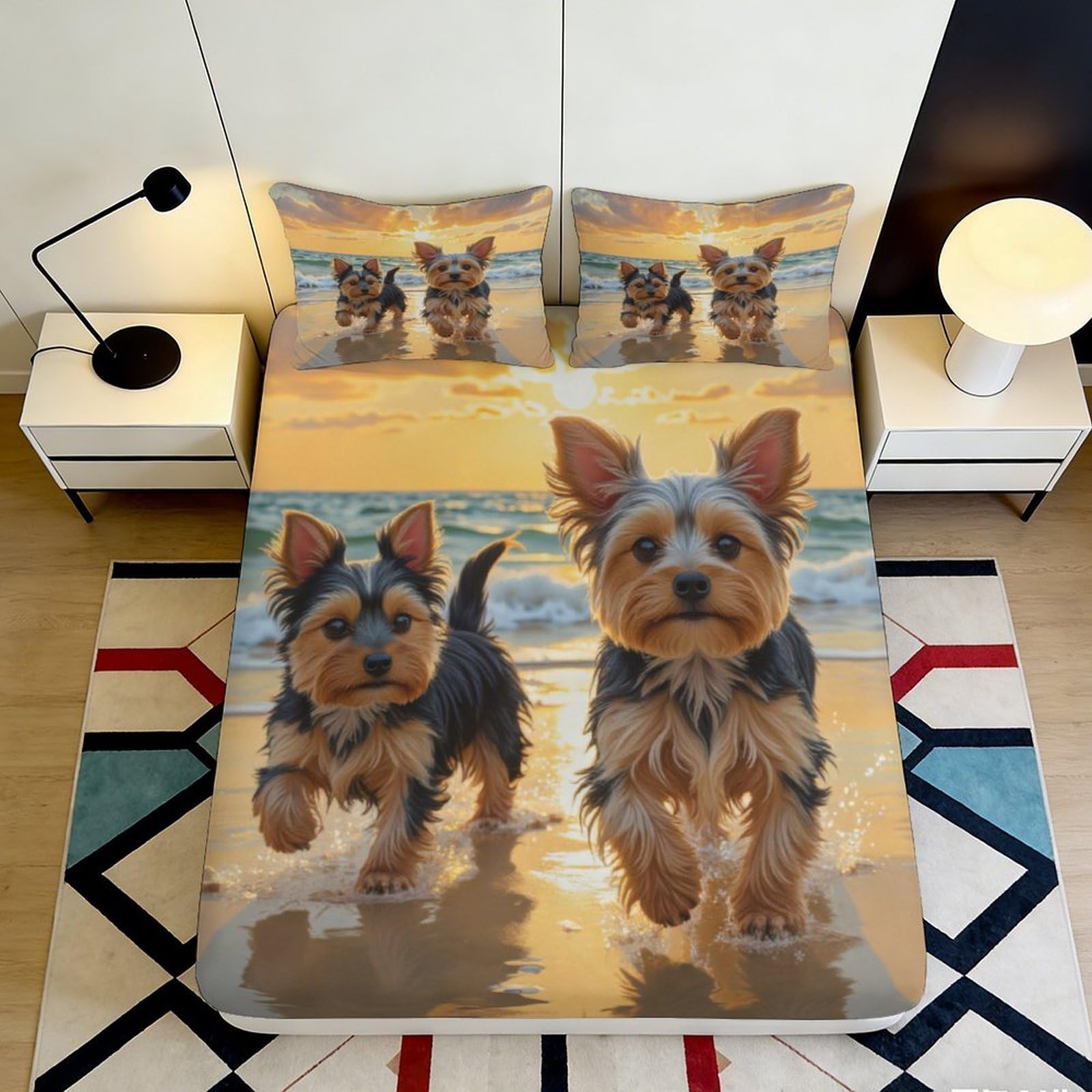 3D Printed Yorkshire Terrier Dog Fitted Sheet Microfiber Soft Decorative Beach Sunset Mattress Cover for Bedroom Guest Room 90x200x25cm
