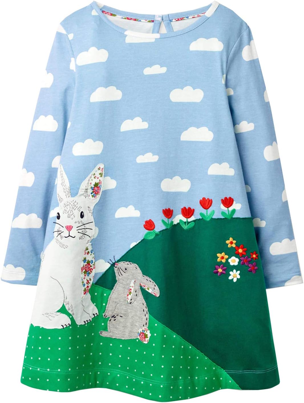 Youlebao Girls Cotton Long Sleeve Casual Cartoon Appliques Striped Jersey Dresses