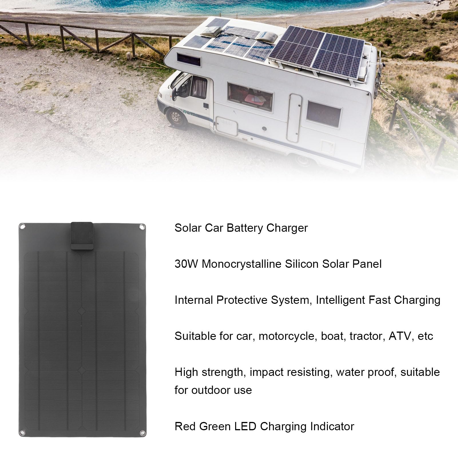 Eujgoov Cargador de Batería Solar de 30 W, Cargador de Panel Solar de 12 V con Inteligente de Carga Rápida y Protección para la Motocicleta para Botes para Automóvil