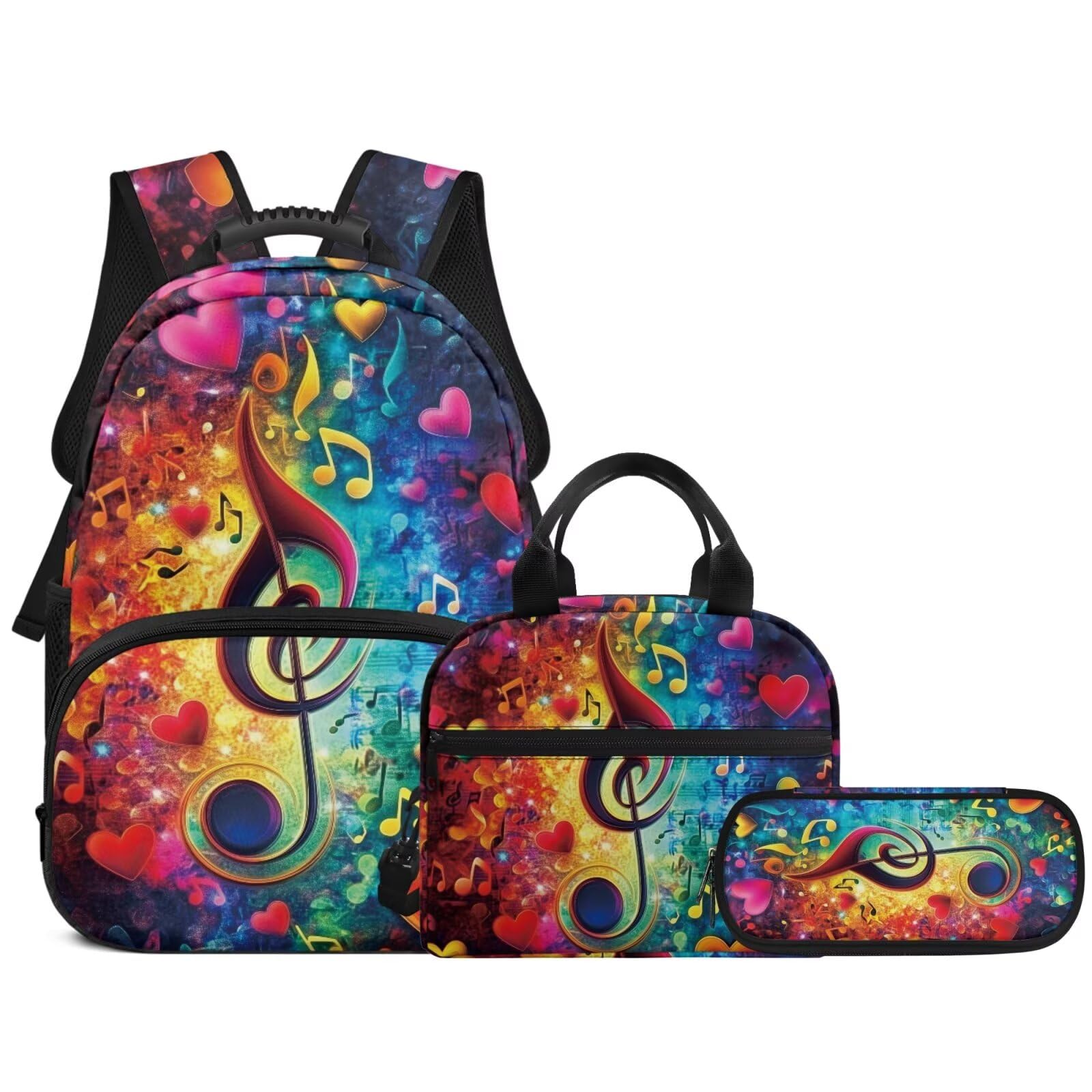 WHUVUMFY School Backpack for Teens Girls Boys, Music Notes 3 In 1 Bookbag for Elementary Middle School with Lunch Box Pencil Case