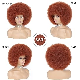 JSDshine 70s Auburn Afro Wig For Women Soft Afro Kinky Curly Hair Wigs With Bangs Afro Curly Wig For Men Bouncy Copper Red Puff Synthetic Hair Wig For Daily Party Use