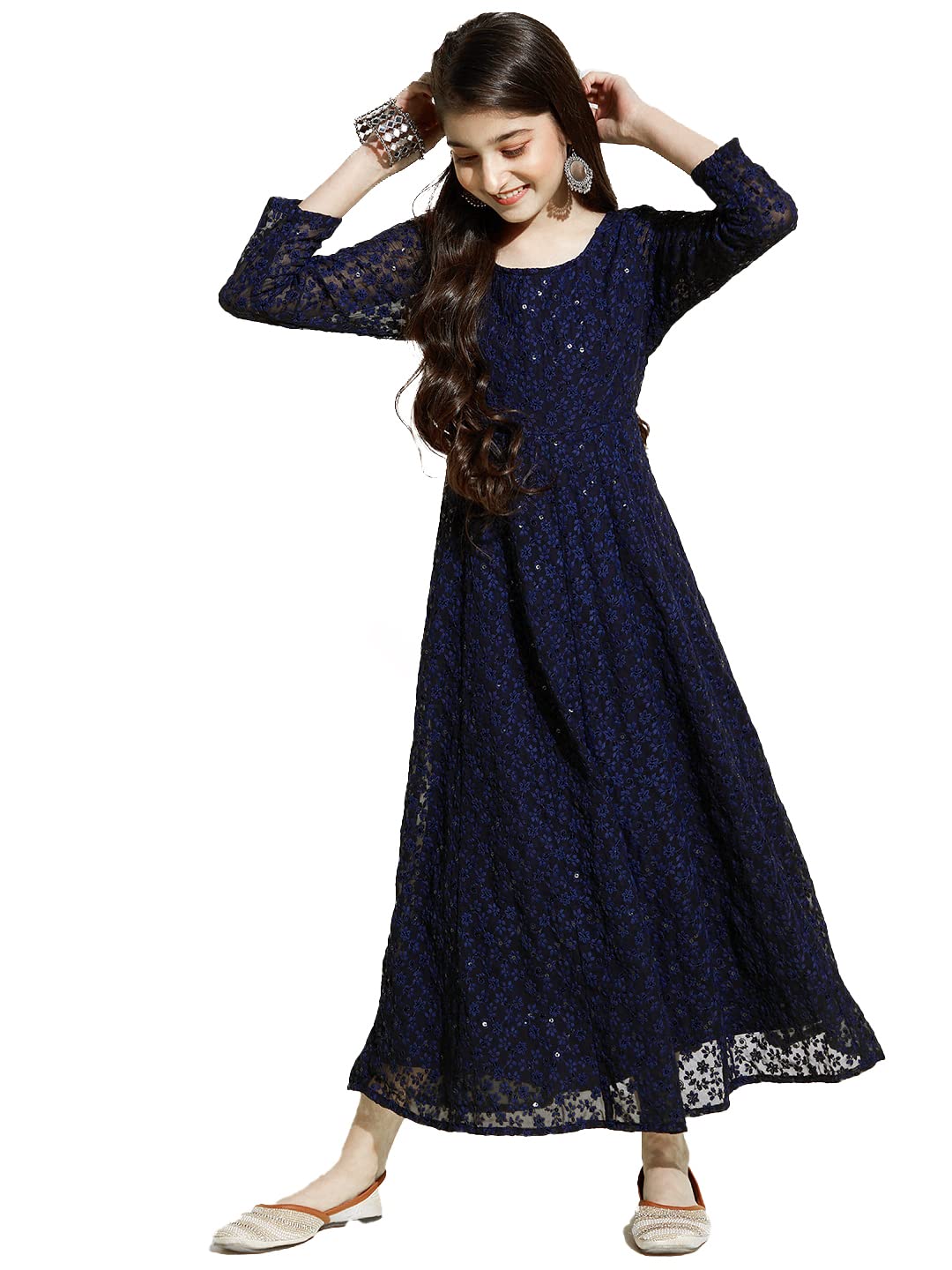 Cherry & JerryNavy Blue Sequin Chikankari Maxi Dress
