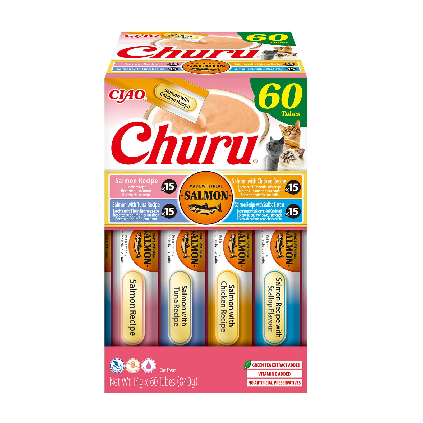 INABA Churu Salmon Variety Pack, Friandises Crémeuses pour Chats, Purée à Donner à la Main, Recettes au Saumon, Thon, Poulet et Pétoncle, Ingrédients Premium, Haute Humidité, 60 Sticks x 14g