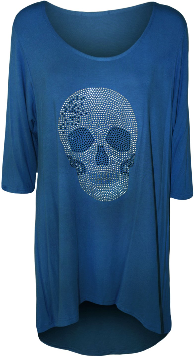 Wearall Women's Royal Blue Plus Size Skull Tail Back Dip Hem Long Scoop Neck Sleeve Top - 22/24