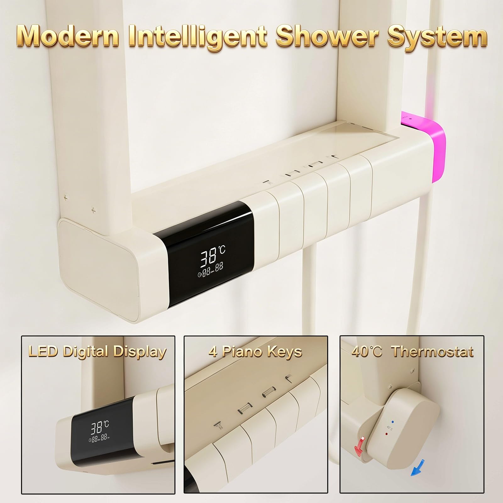 Sistema de ducha termostático, pantalla digital LED, modo de lluvia y mano de 6 pulverizaciones, construcción de cobre de alta gama para una experiencia de baño lujosa