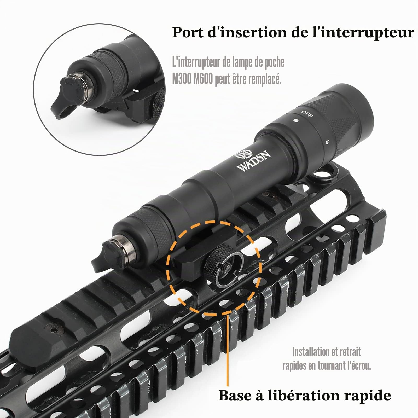 M600W Lampe de poche Tactique poing flash à double fonction, lampe de reconnaissance à 600 lumens pour le système ferroviaire Picatinny de 20 mm (Noir)
