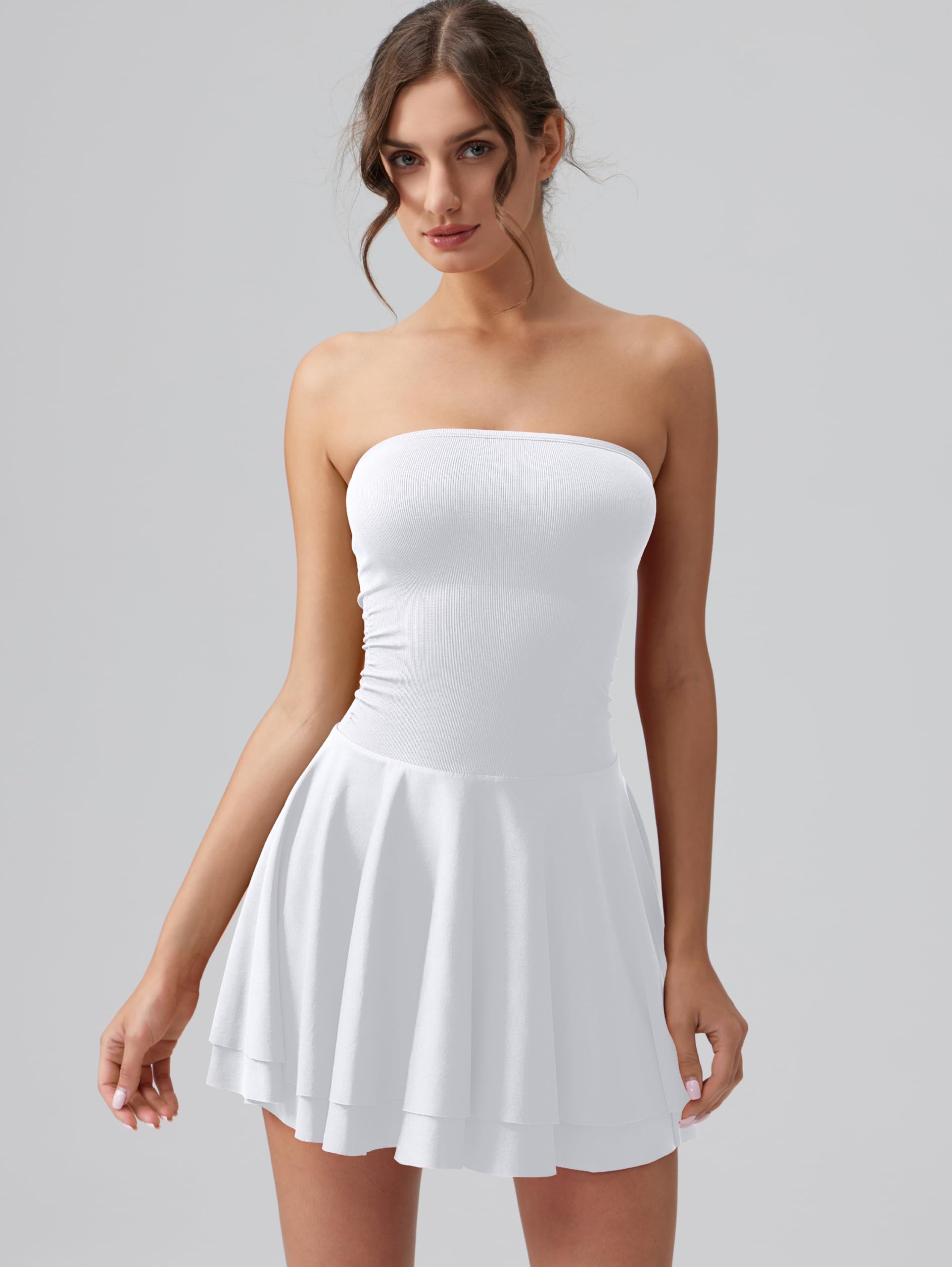 OQQ Women's Mini Dress Summer Cocktail Tube Ruched Waist Ruffle Corset Party A-line Dresses: White X-Large