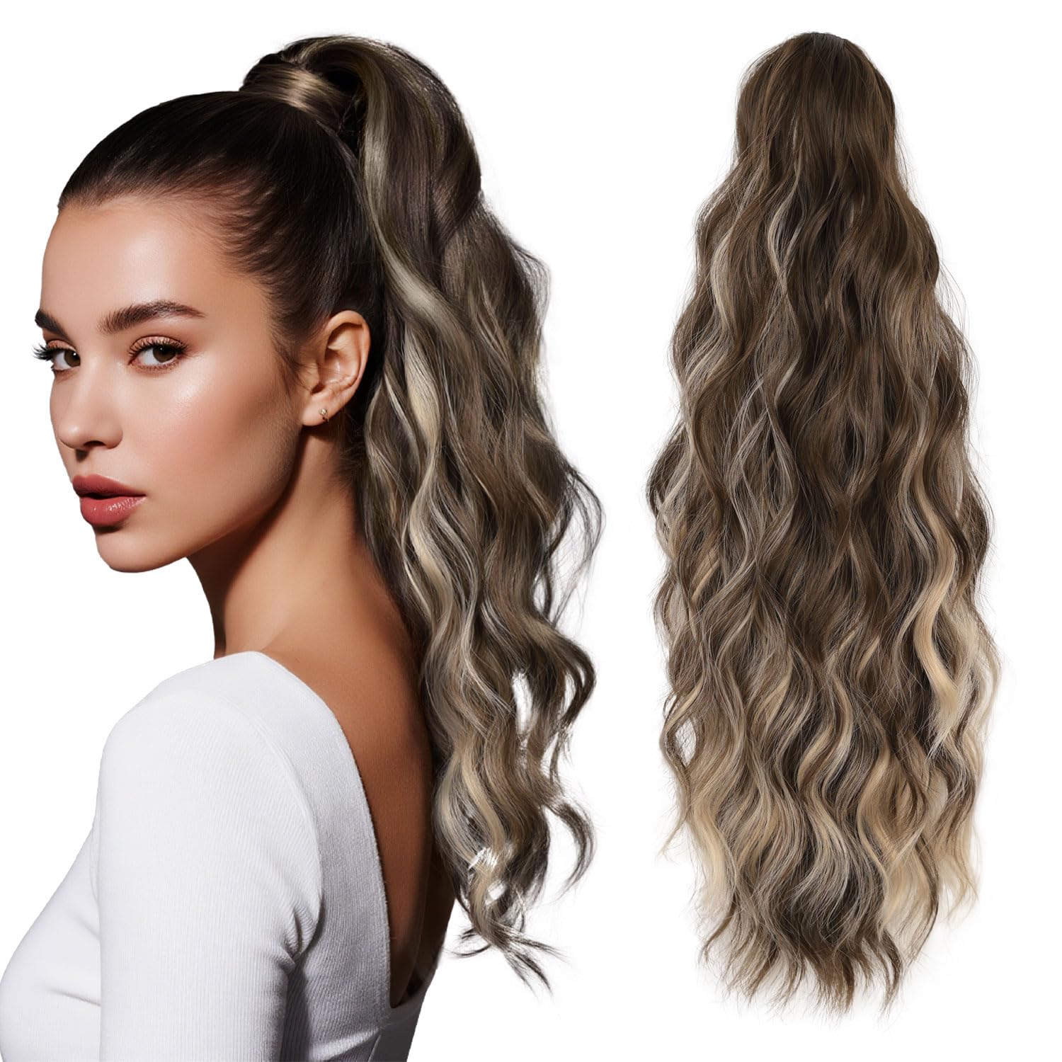 Photo 1 of YUCCAHA Claw Clip Ponytail Extension 18 Inch Curly Wavy Ponytail Extension Jaw Clip (Chocolate Brown with Blonde Highlights, 18 Inch)