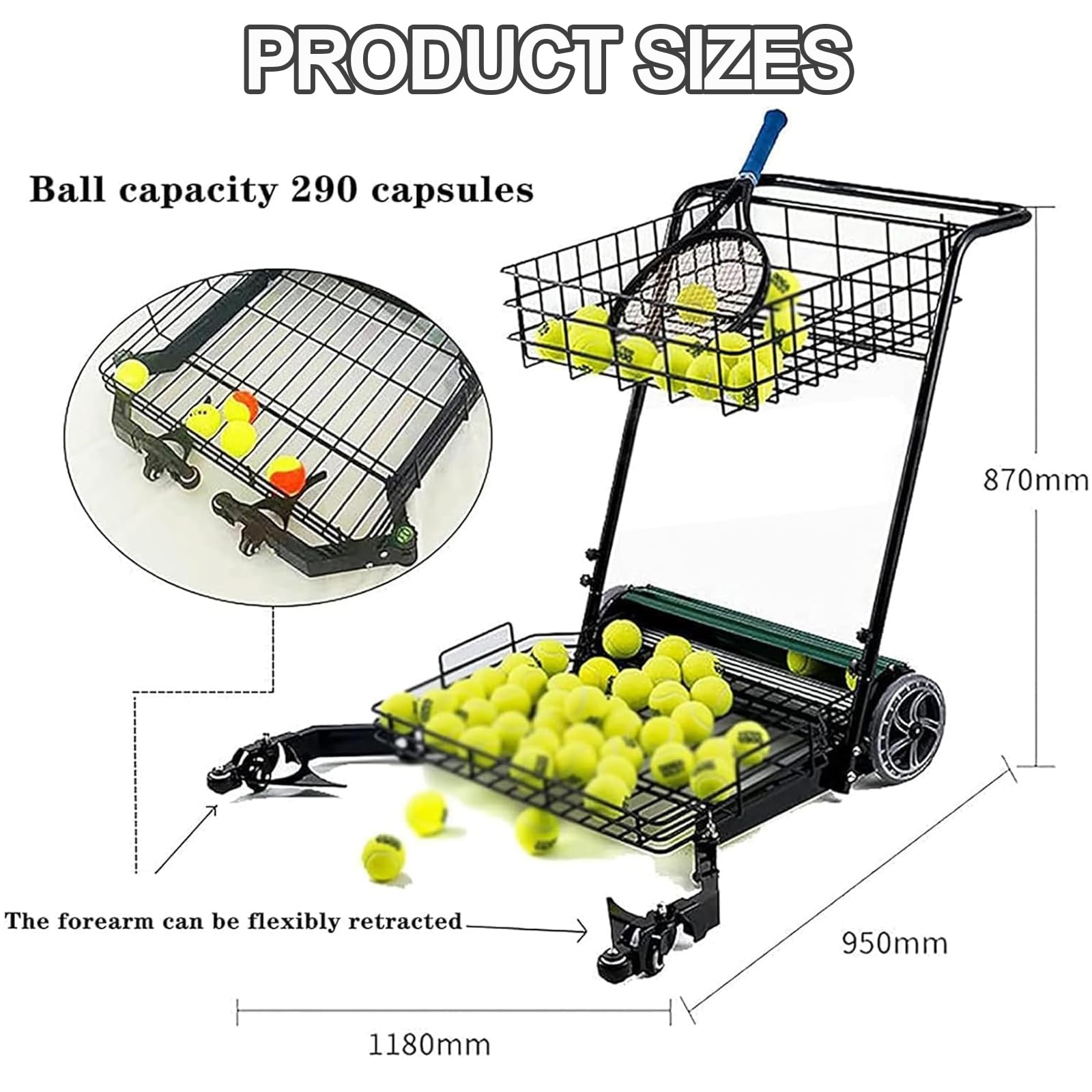 Carrello per raccogliere palline da tennis e tramogge, facile da collezionare, può contenere fino a 290 palline, con ruota girevole a 360° per una manutenzione efficiente del campo