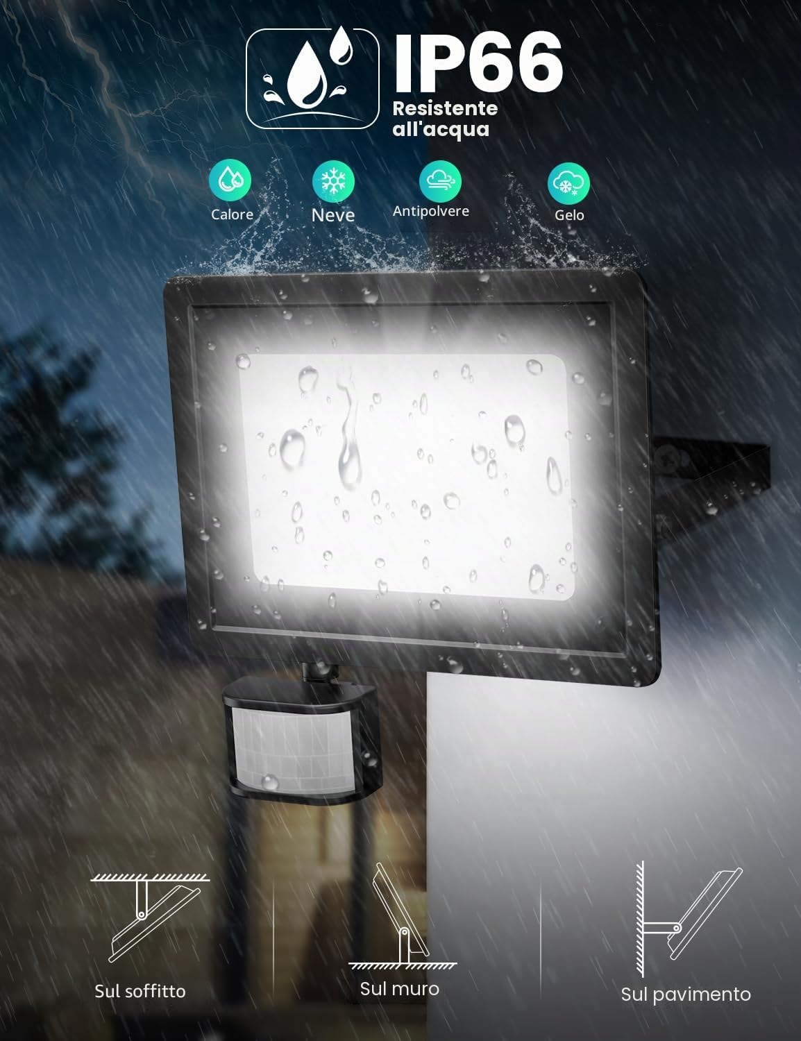 Faretto LED da Esterno con Sensore di Movimento 25W, 48 Led 3000K/4000K/6500K IP66 Impermeabile, Telecomando, 2100LM Luci Faretto LED Interno ed Esterno per Giardino, Cortile
