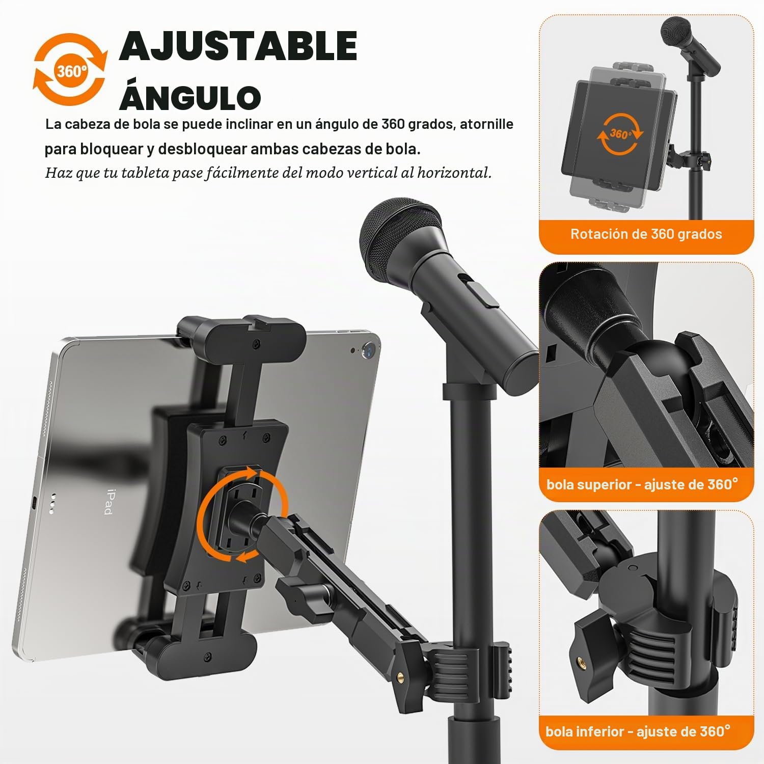 Soporte de Micrófono para Tableta, Soporte Micrófono iPad Teléfono de Música 360° Ajustable, Pie de Micro para iPad, Pro, Mini, Air, Toutes Tabletas et Teléfono 4,7-13,5"