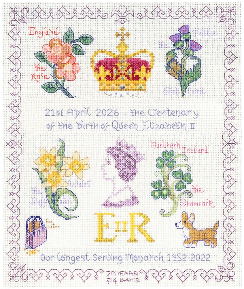 The Queen's Centenary Sampler - Cross Stitch Kit on 14 ivory aida