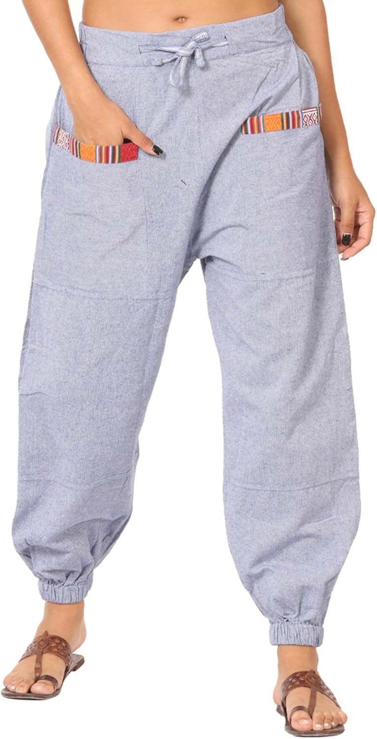 Men Women Cotton Linen Baggy Harem Drawstring Yoga Pants, One Size Casual Hippie Trousers with Pockets