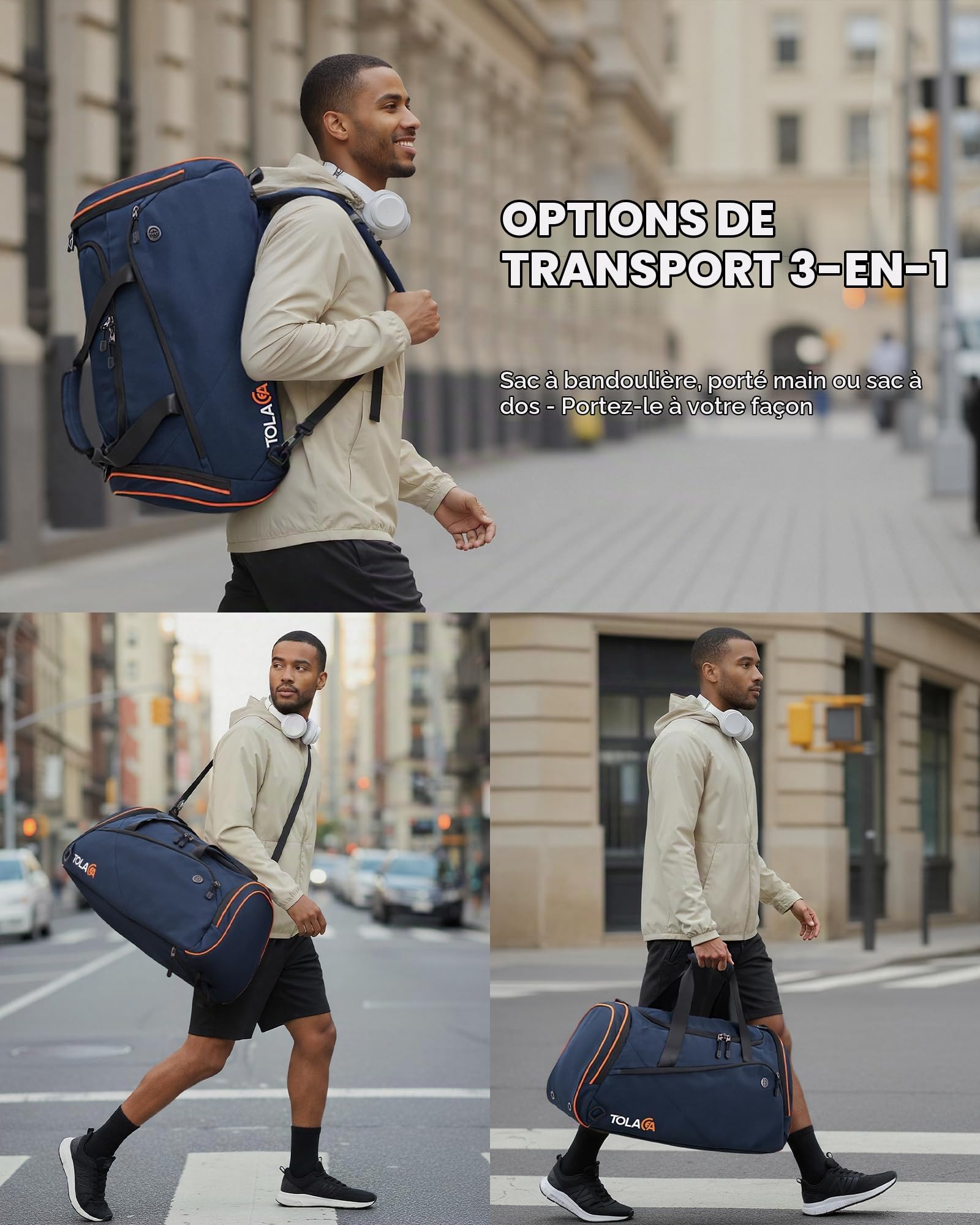 Tolaccea Sac de Sport Homme 47L avec Compartiments Chaussures et Humide | Oxford RPET déperlant | Sac Duffel convertible 3-en-1 | Compartiment chaussures & humide | Laptop 15,6" | Porte-bouteille