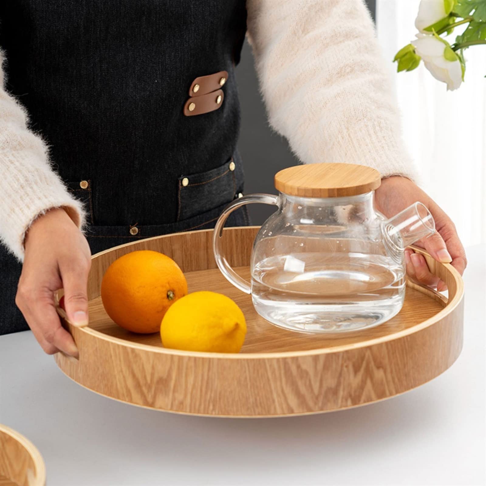 Bandejas para Servir Bandeja de Madera Circular Simple, Juego de té, Bandeja de Cocina, Bandeja de Servicio con Asas Dobles Bandeja de Cocina(Medio)