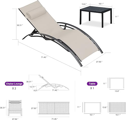 Miniatura 131 de PURPLE LEAF Juego de tumbona para patio, sillón al aire libre, playa, piscina, tumbona para tomar el sol, tumbona reclinable, sillas de bronceado