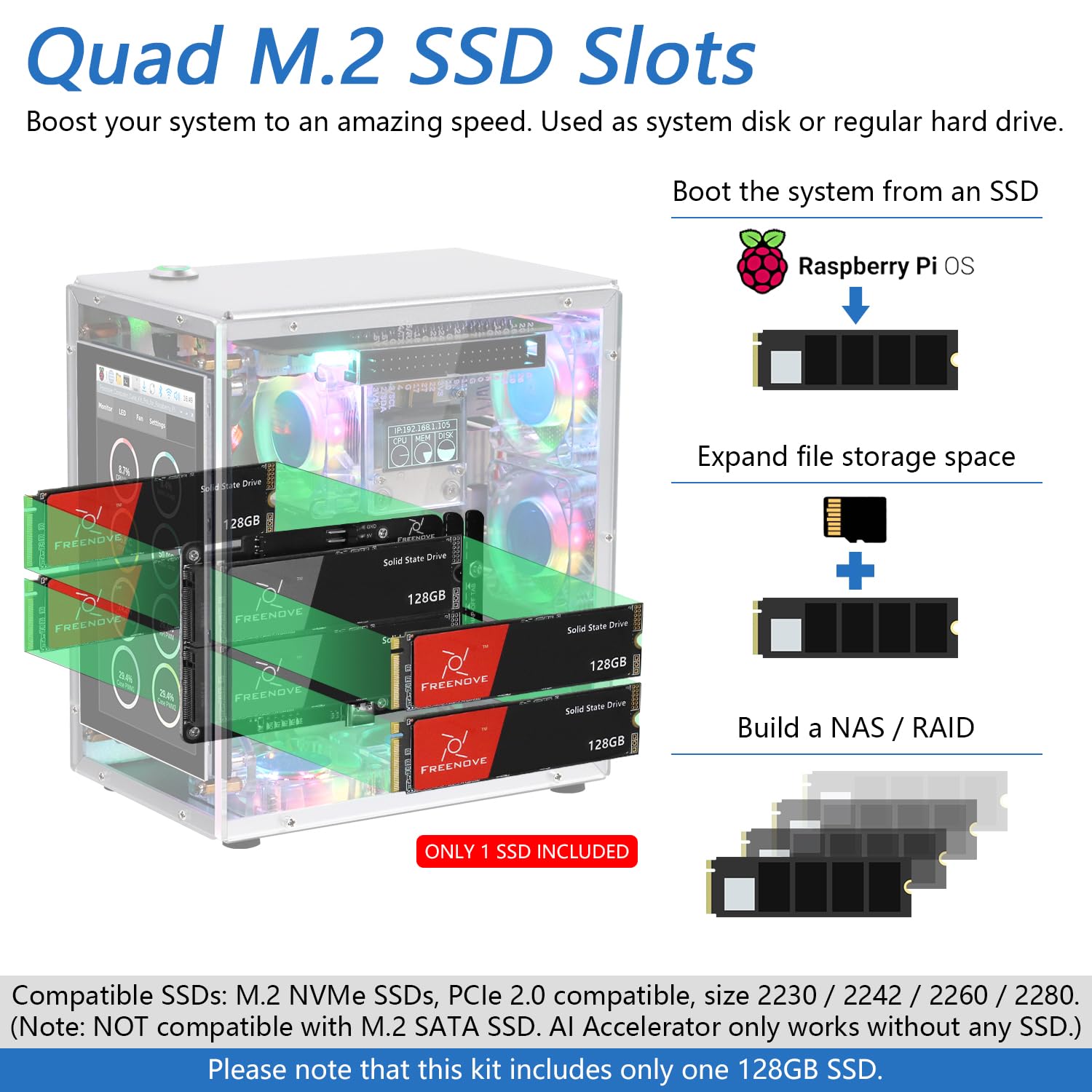 Freenove Raspberry Pi 5 NAS Case Kit (with 1x 128GB SSD), Quad M.2 NVMe SSD Slots, 5 PWM ARGB Fans Light Sync, CPU Tower Cooler, 4.3" Touchscreen, Stereo Speakers, 3.5 mm Audio