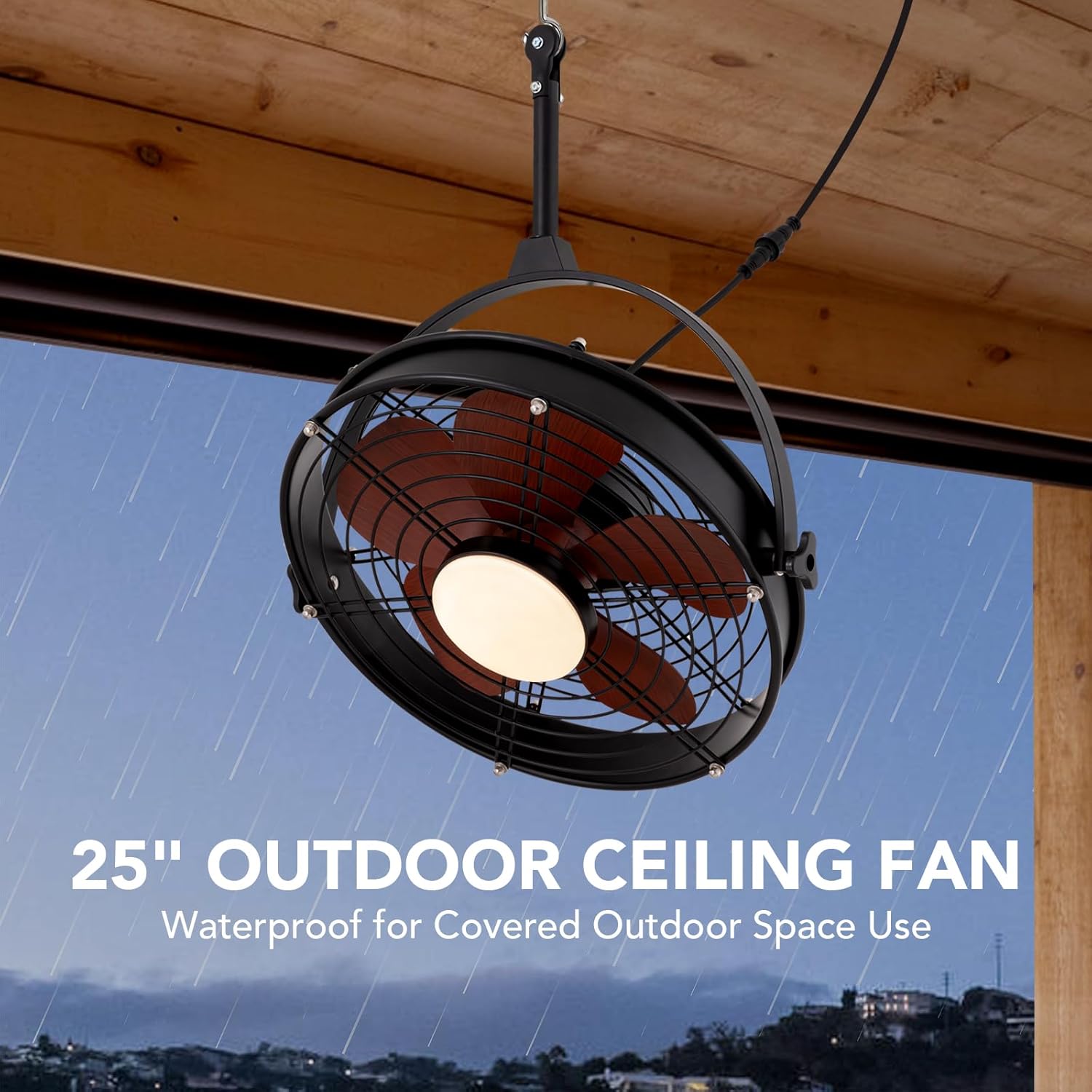 25 Inch Outdoor Ceiling Fan with Lights and Remote, Waterproof Gazebo Hanging Fan with 3CCT Dimmable, Black Plug in Caged Ceiling Fan for Patios Porch Pergola,Canopy