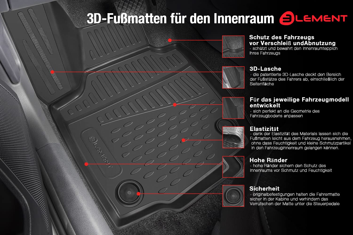 Image secondaire de Element Tapis de Sol en Caoutchouc Premium Toyota C-HR 2016-2020 4WD, Noir