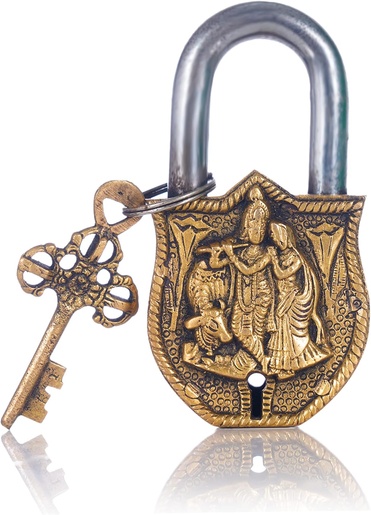 Ascend Overseas - Handmade Old Vintage Style Antique Lord Radha Krishna Design Brass Security Lock with 2 Keys Om Design on Back, Home Temple Office Home Decore Gift Item
