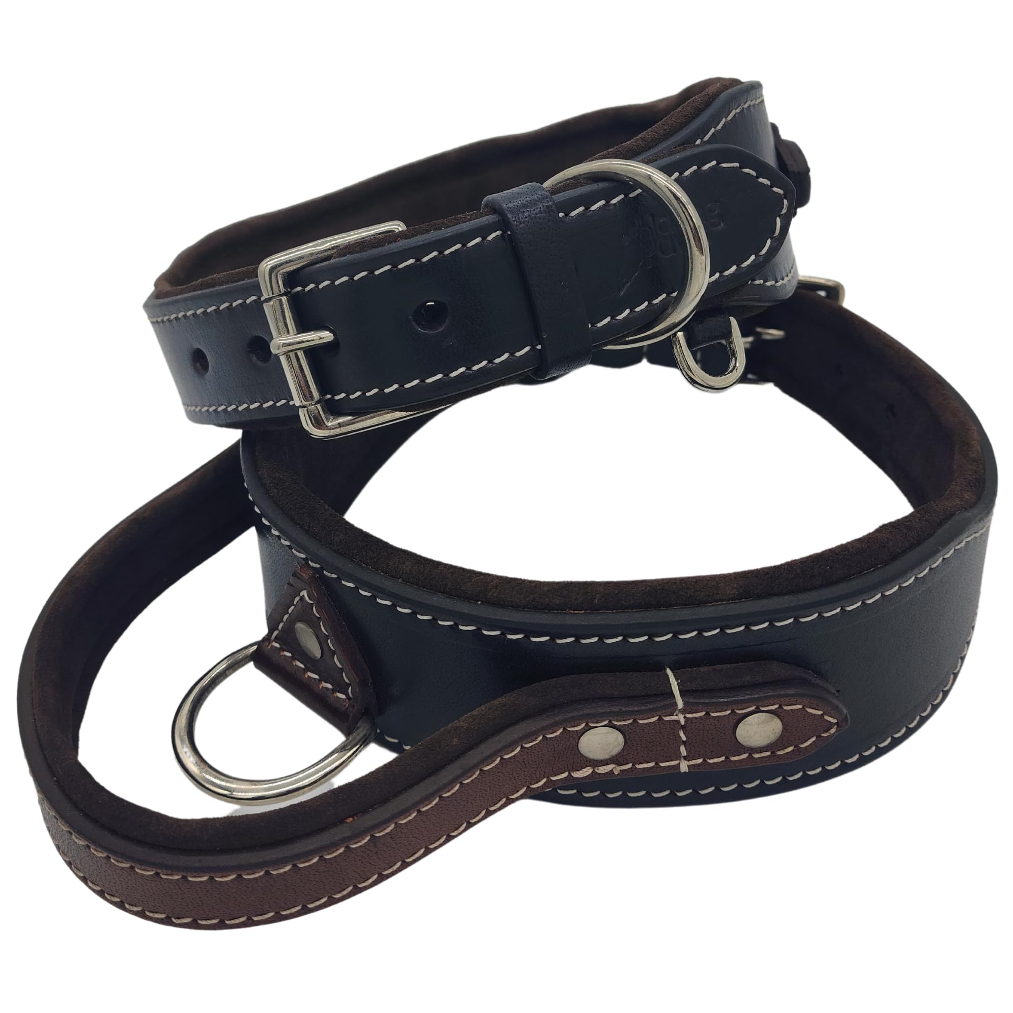 BlazingPaws® Helvington 2 Inch Wide Heavy Duty Leather Dog Collar with Handle in Premium Top Grain Leather with Soft Suede Leather Padding, for Large