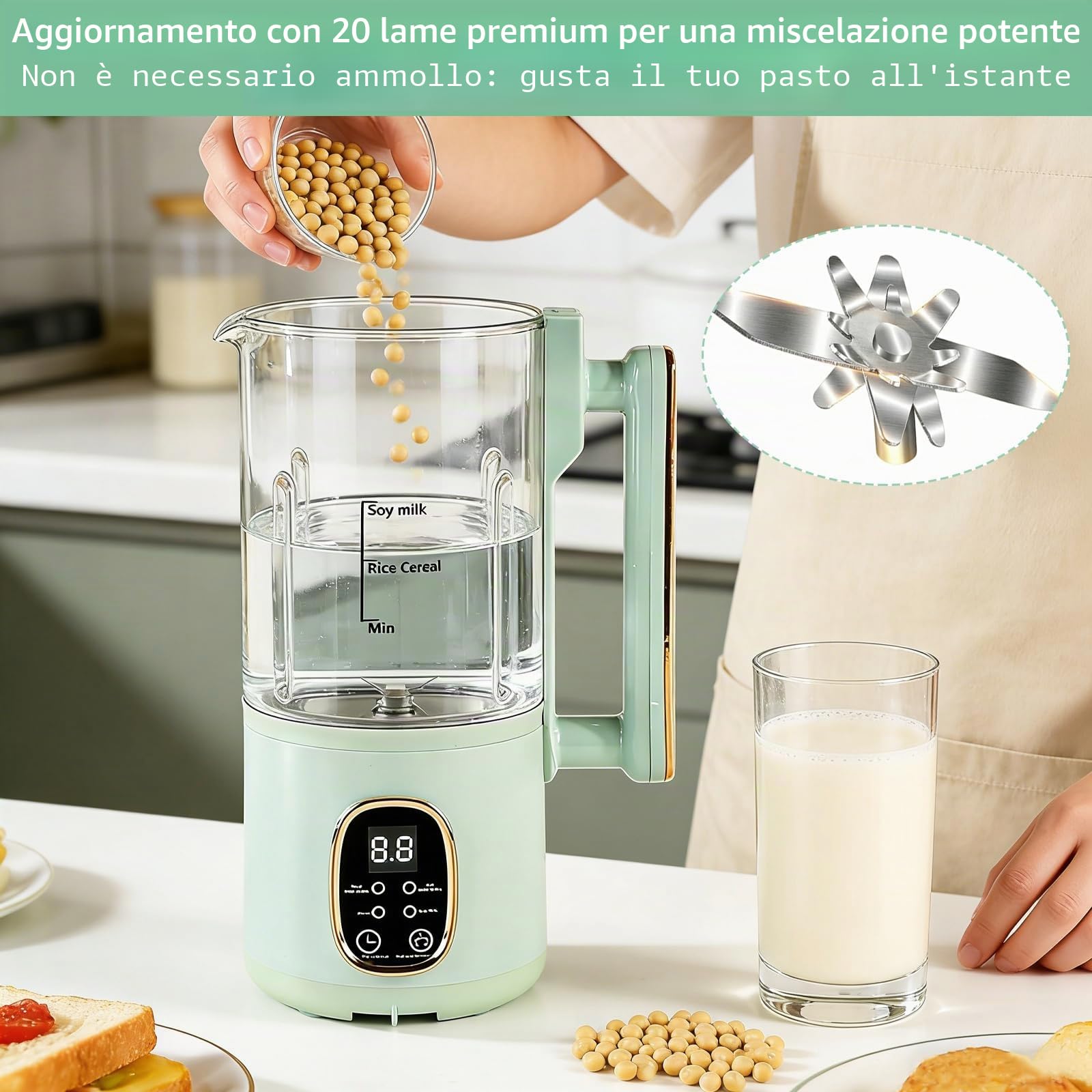 Macchina latte di soia 800 ml, preparatore latte vegetale, testa macinazione inox 20 lame, programmi intelligenti, sicurezza bambini, spegnimento automatico, mantenimento caldo, autopulizia